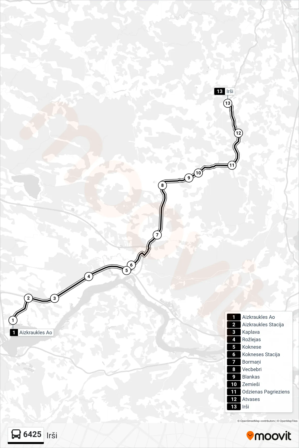 6425 bus Line (Irši) route and stops on a map