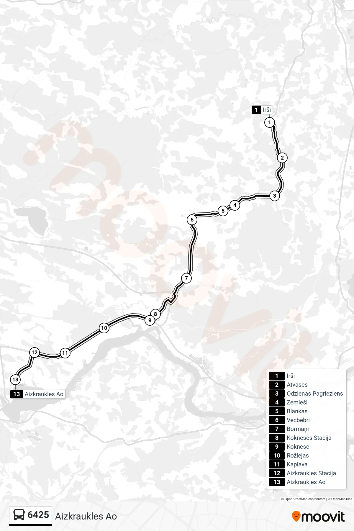6425 bus Line (Aizkraukles Ao) route and stops on a map