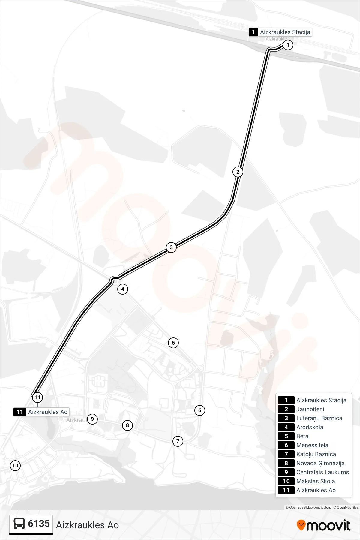 6135 bus Line (Aizkraukles Ao) route and stops on a map