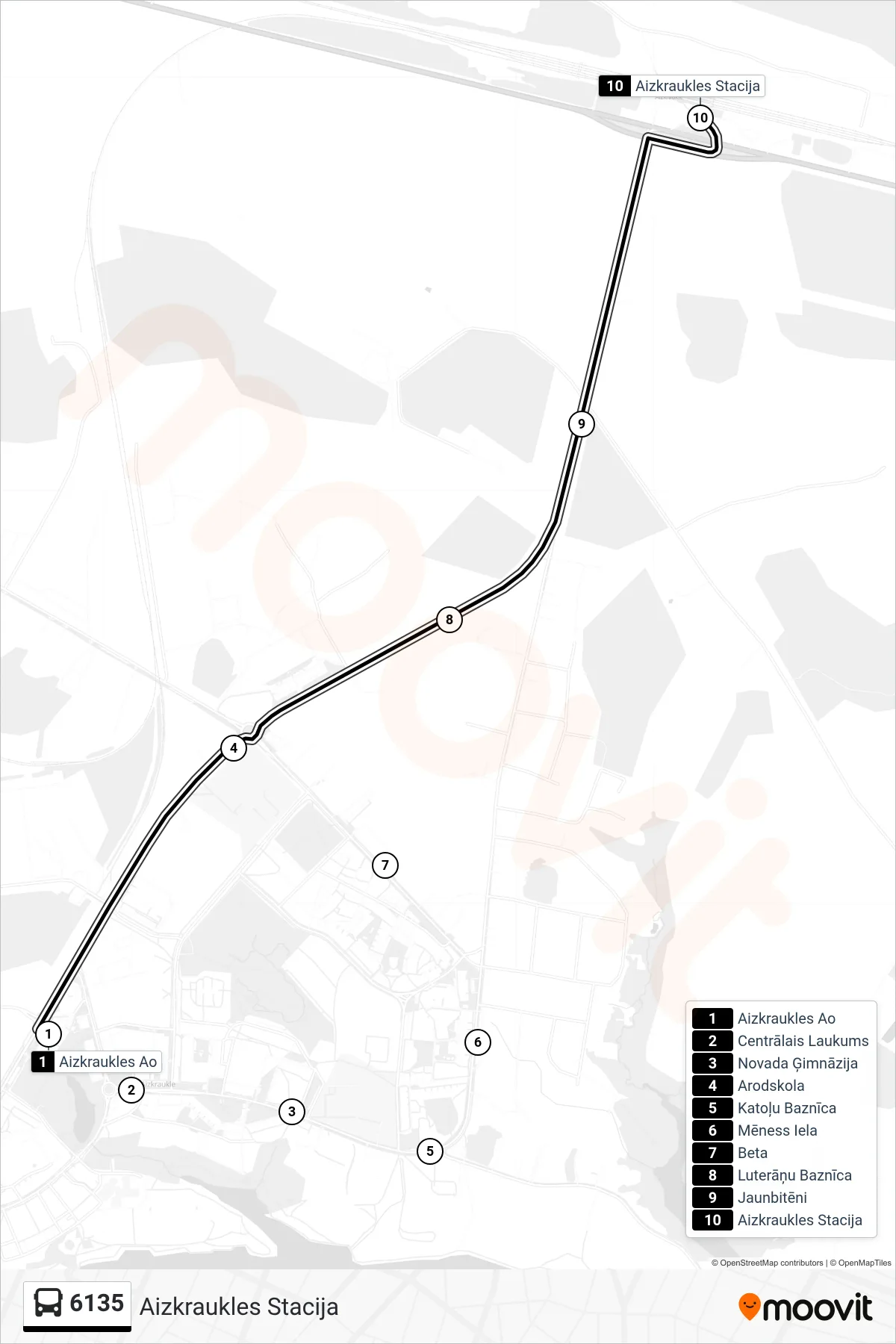 6135 bus Line (Aizkraukles Stacija) route and stops on a map