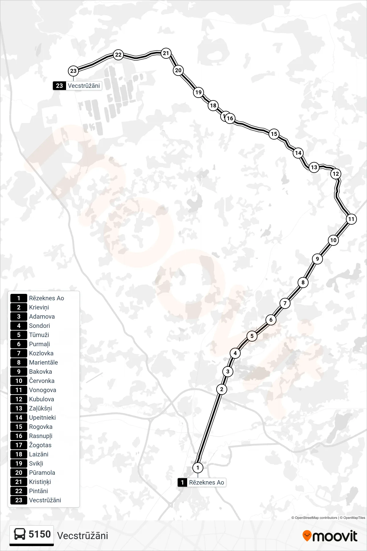5150 bus Line (Vecstrūžāni) route and stops on a map