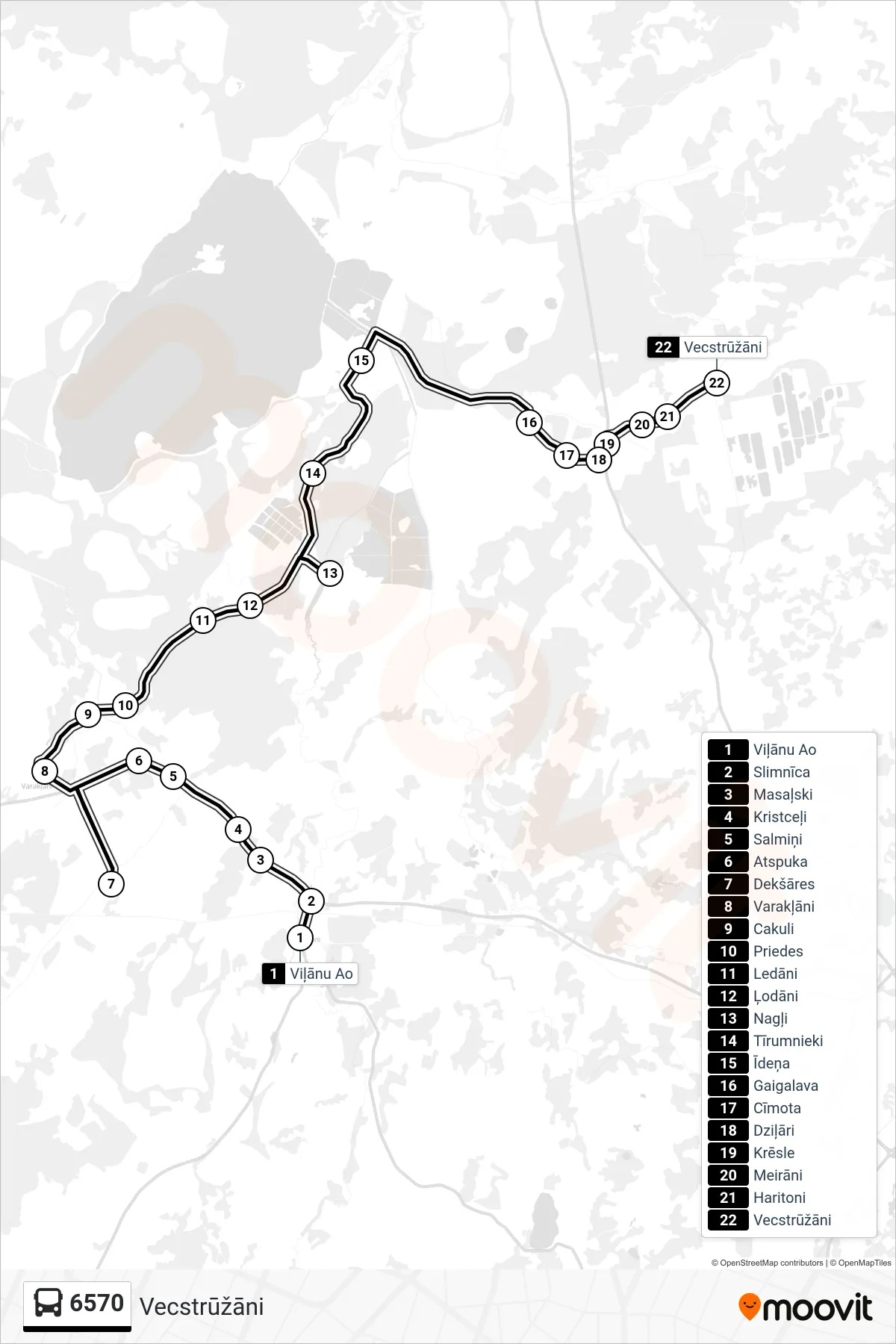6570 bus Line (Vecstrūžāni) route and stops on a map