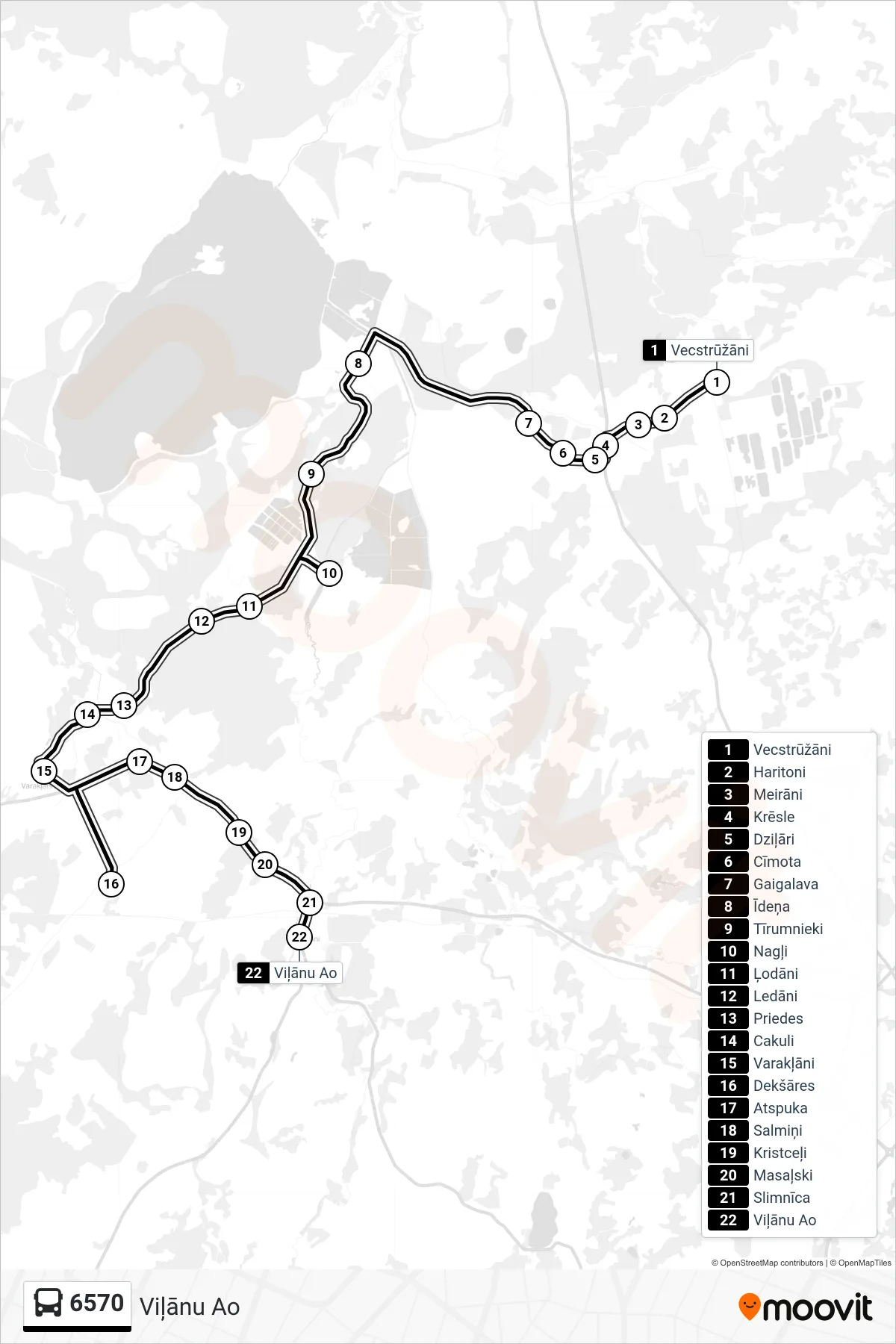 6570 bus Line (Viļānu Ao) route and stops on a map