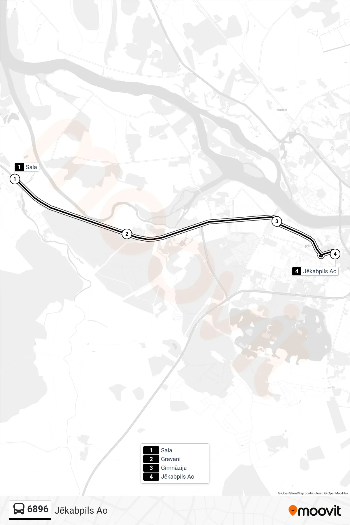 6896 bus Line (Jēkabpils Ao) route and stops on a map