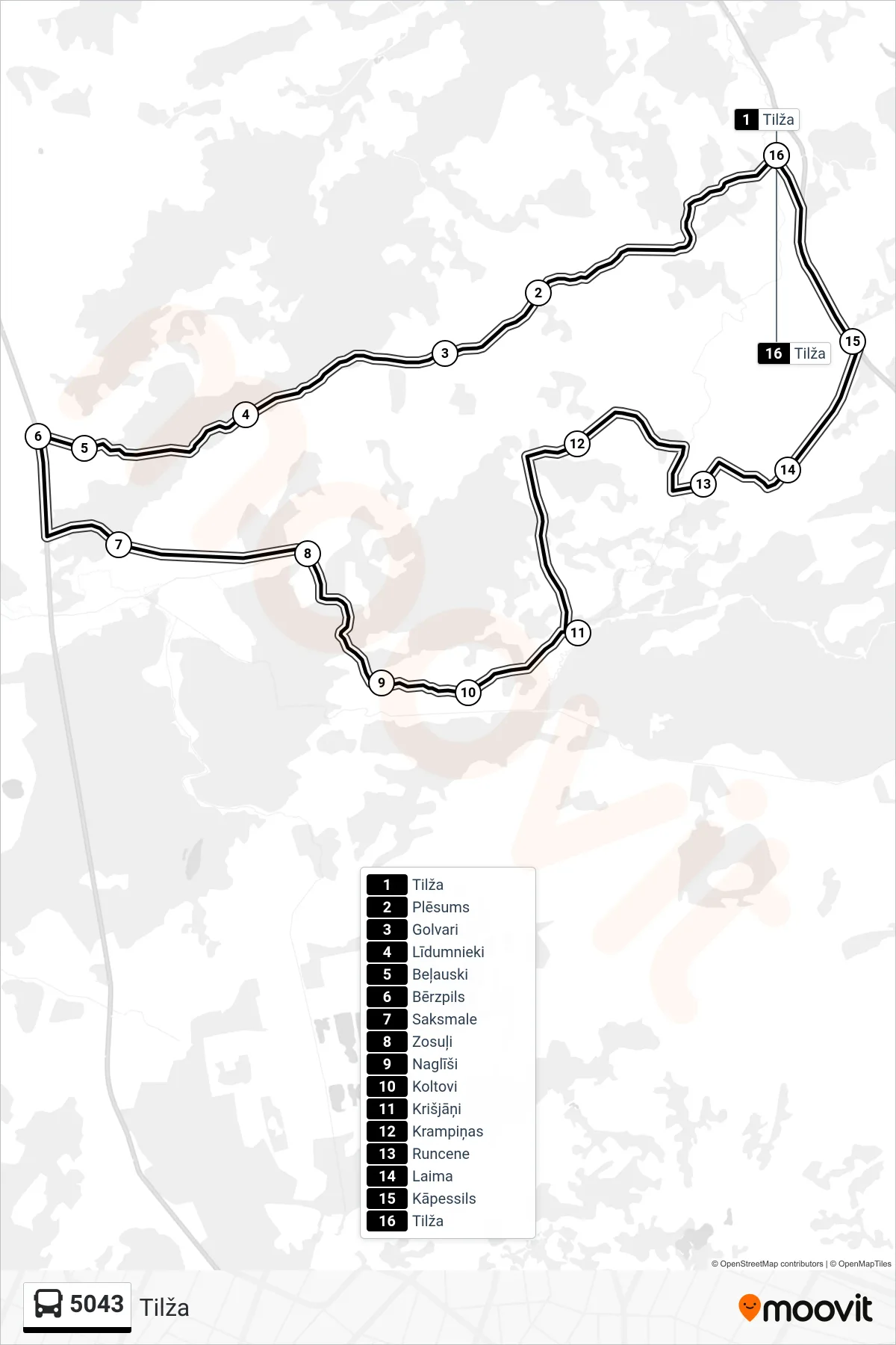 5043 bus Line (Tilža) route and stops on a map