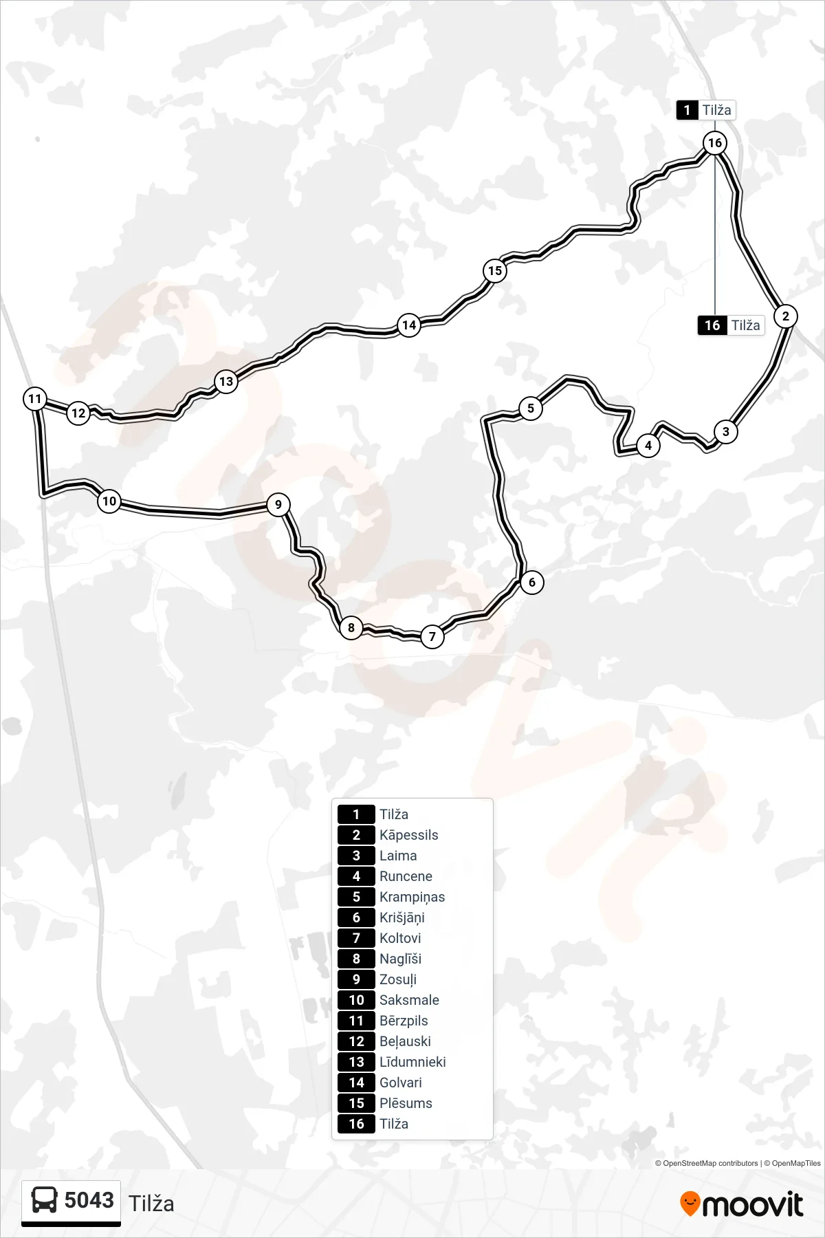 5043 bus Line (Tilža) route and stops on a map