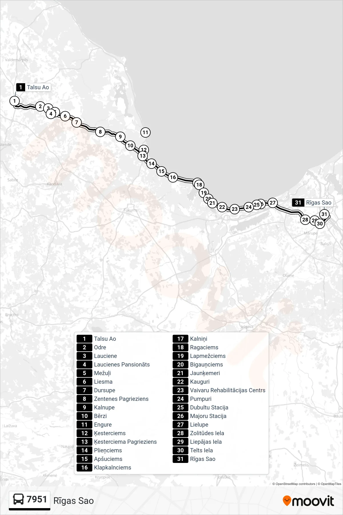 7951 bus Line (Rīgas Sao) route and stops on a map