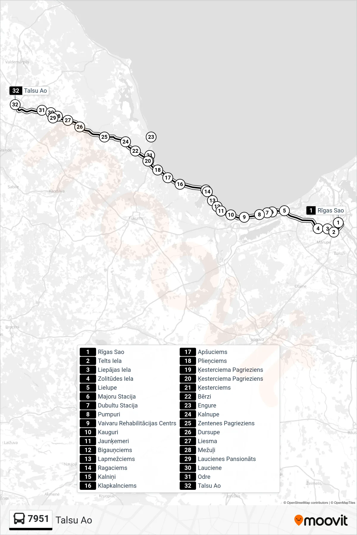 7951 bus Line (Talsu Ao) route and stops on a map