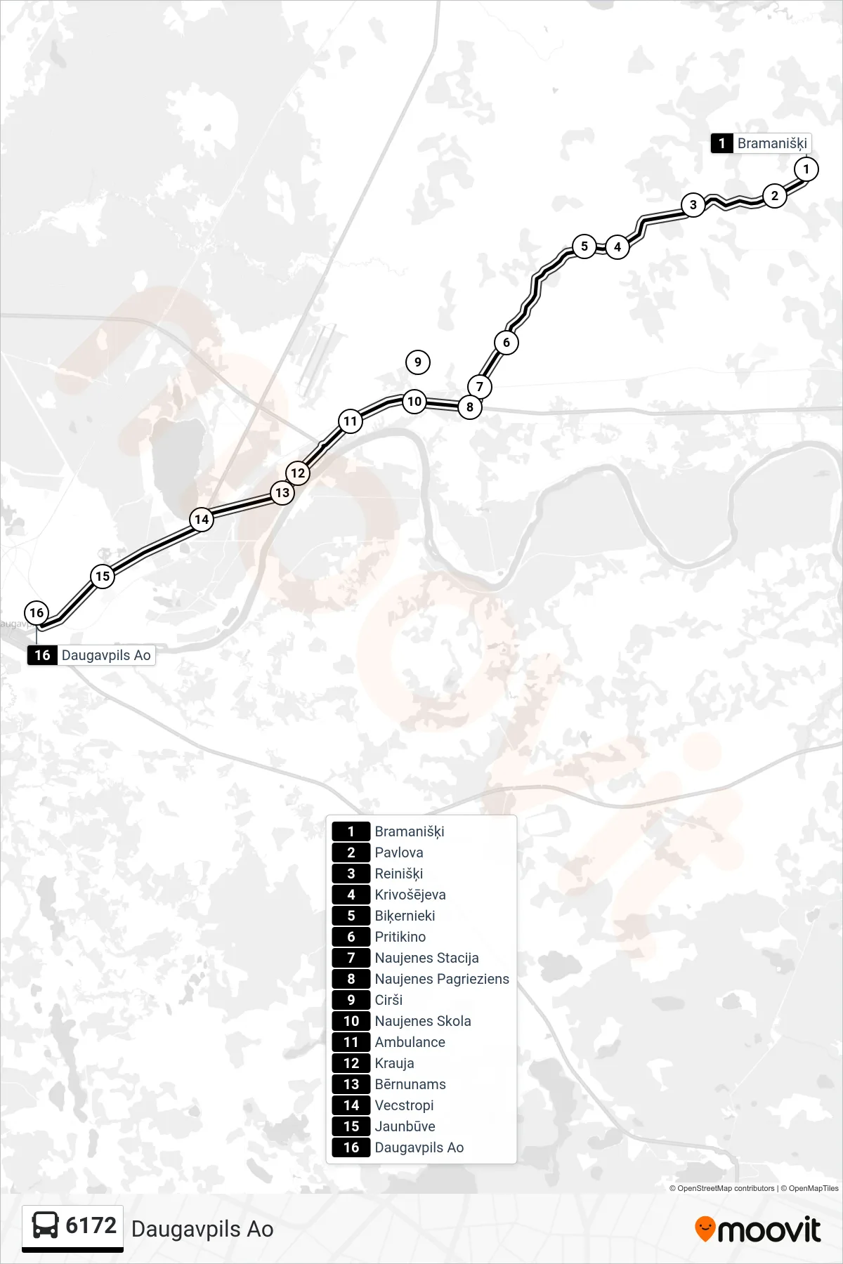 6172 bus Line (Daugavpils Ao) route and stops on a map