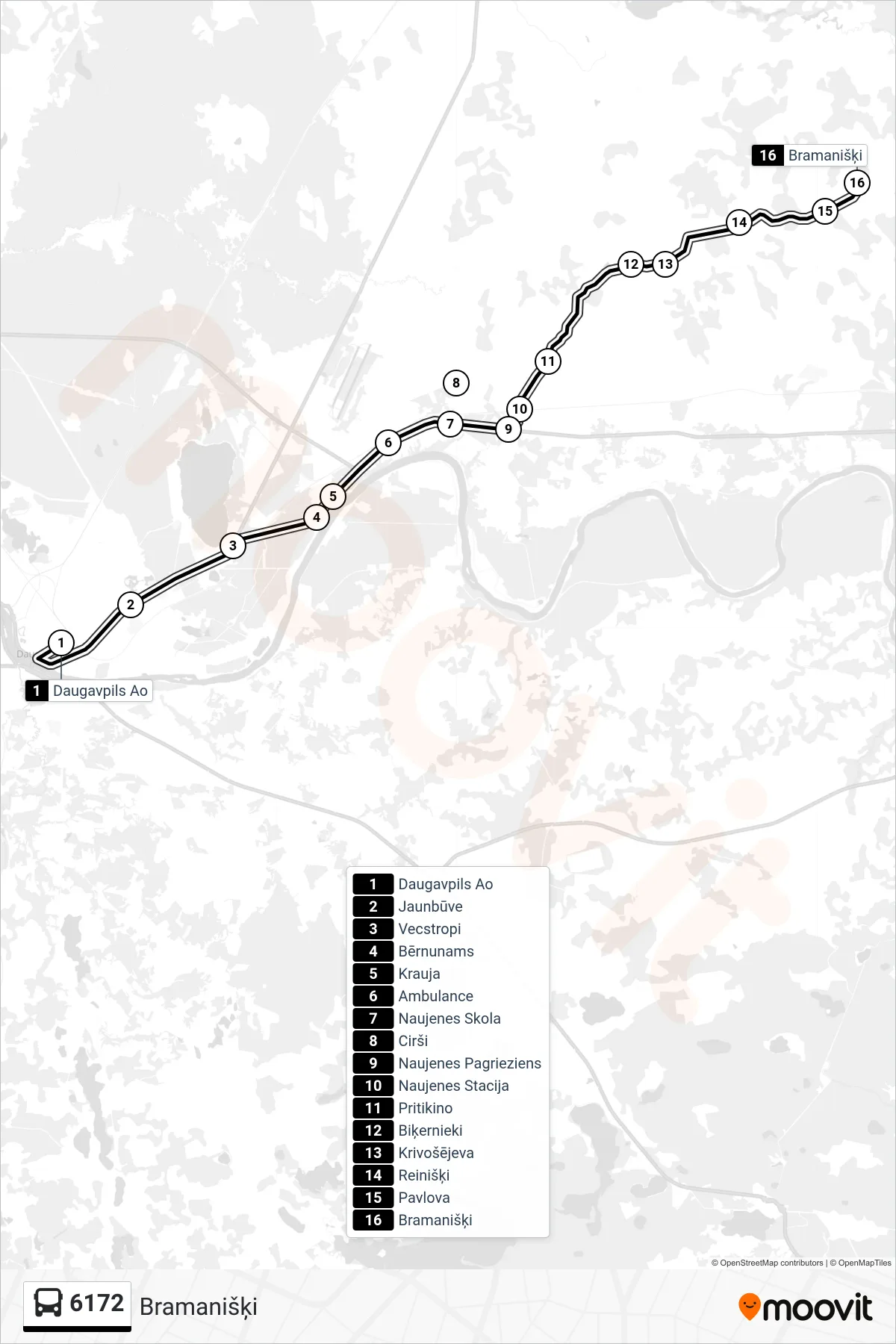 6172 bus Line (Bramanišķi) route and stops on a map