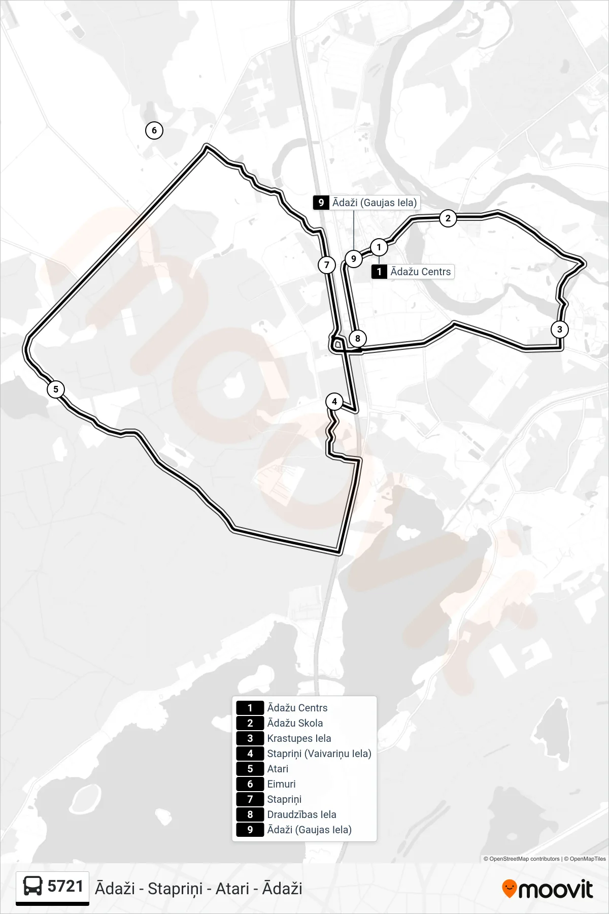 5721 bus Line (Ādažu Centrs) route and stops on a map