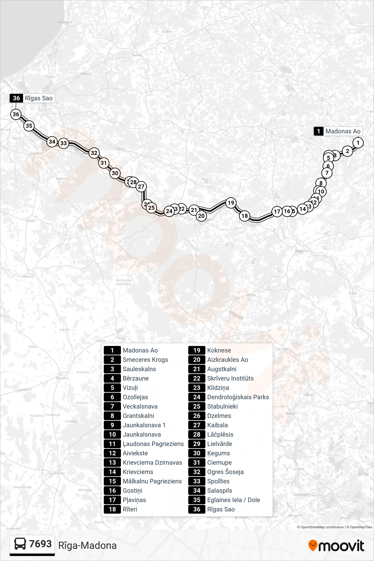 7693 bus Line (Rīgas Sao) route and stops on a map
