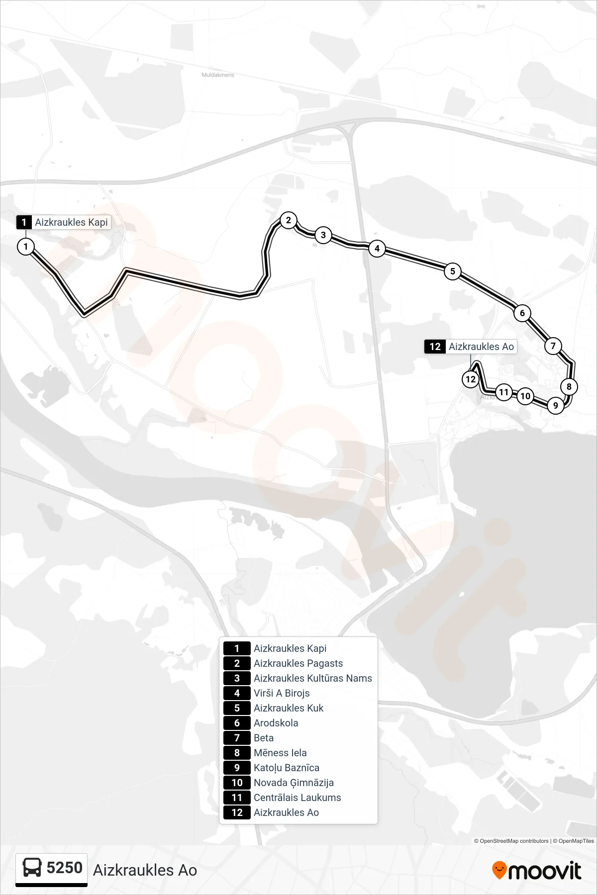 5250 bus Line (Aizkraukles Ao) route and stops on a map