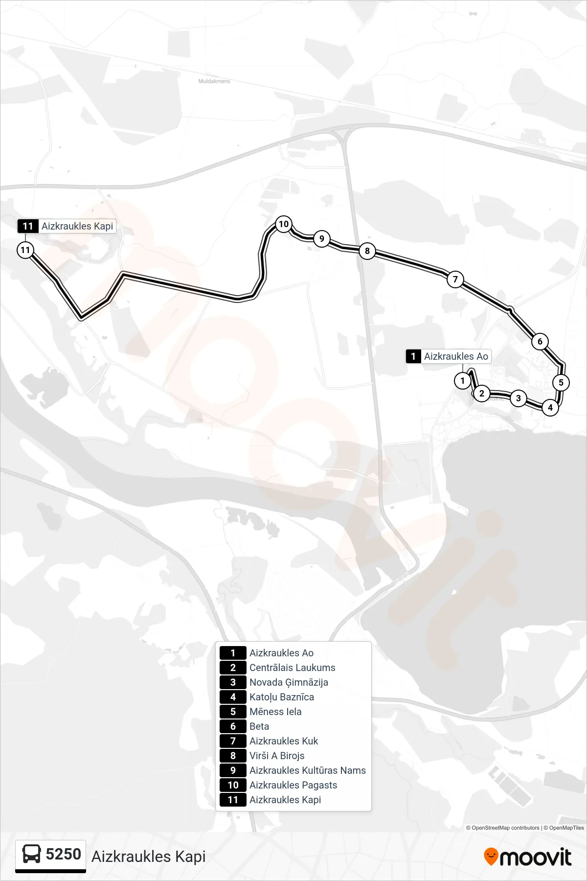 5250 bus Line (Aizkraukles Kapi) route and stops on a map