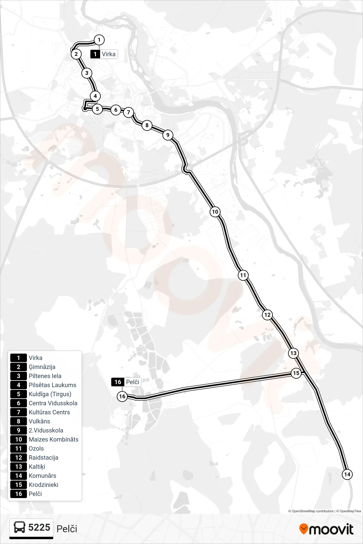 5225 bus Line (Pelči) route and stops on a map
