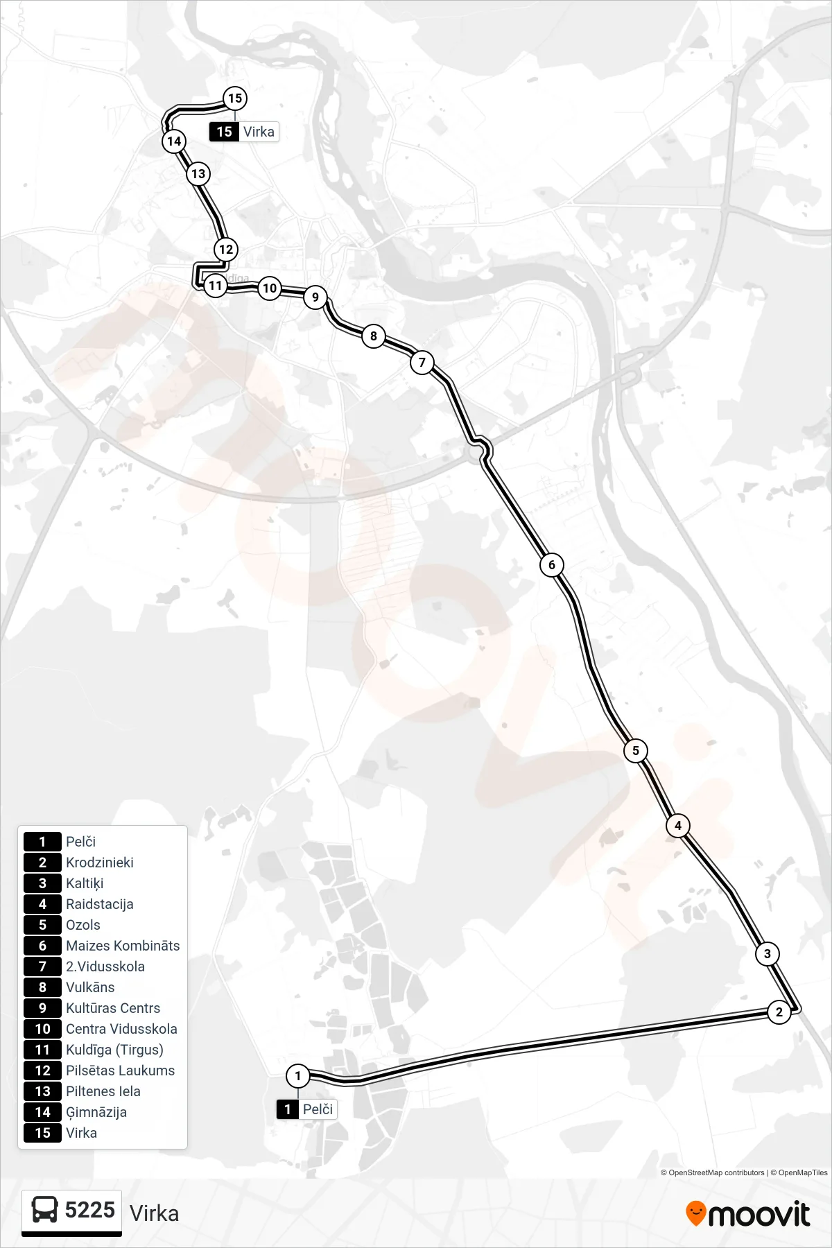 5225 bus Line (Virka) route and stops on a map