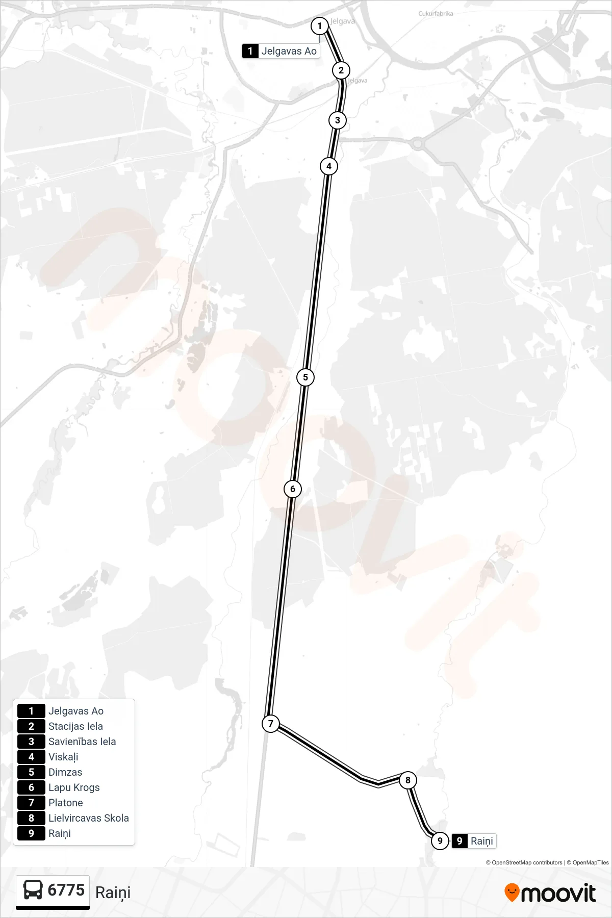 6775 bus Line (Raiņi) route and stops on a map