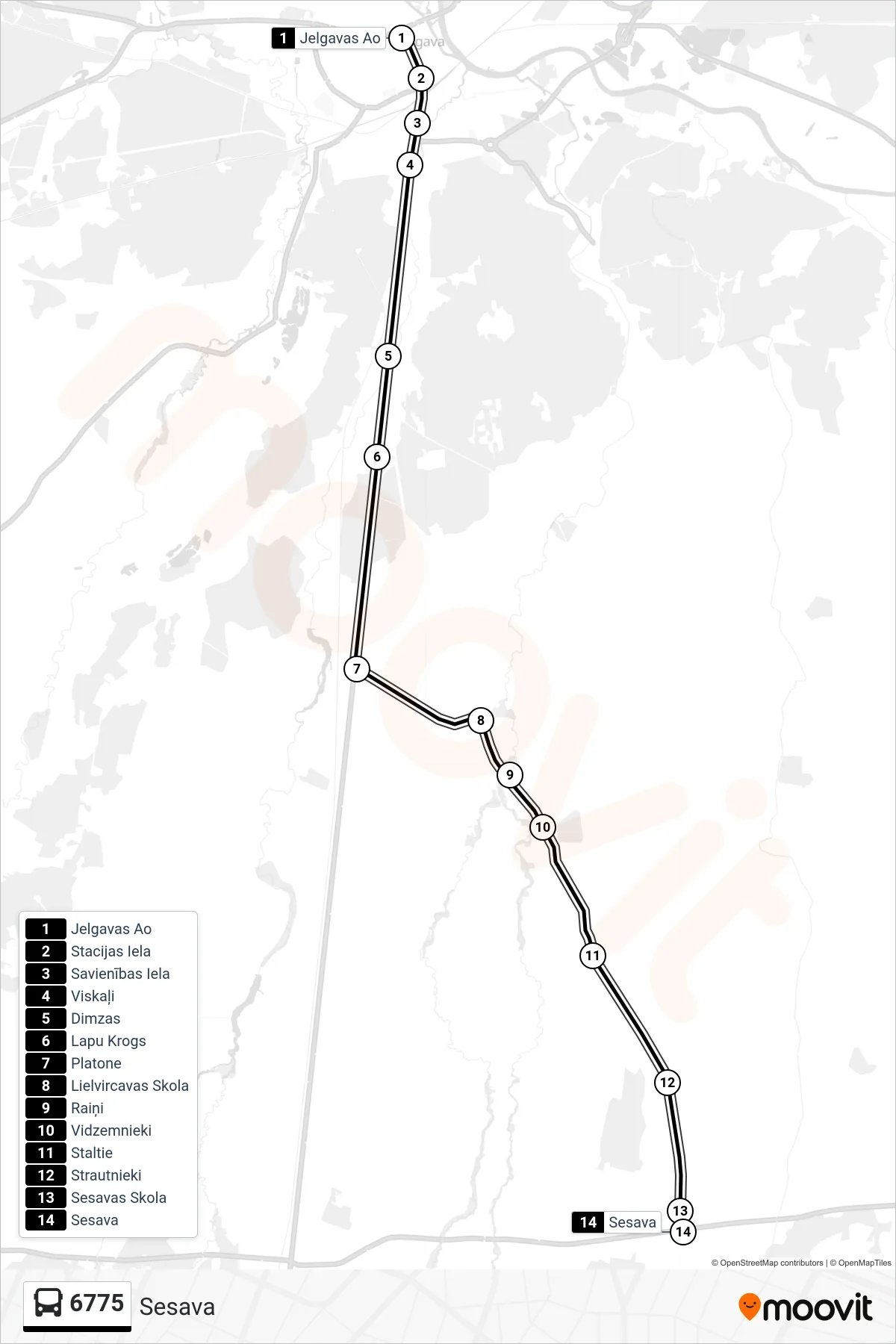 6775 bus Line (Sesava) route and stops on a map