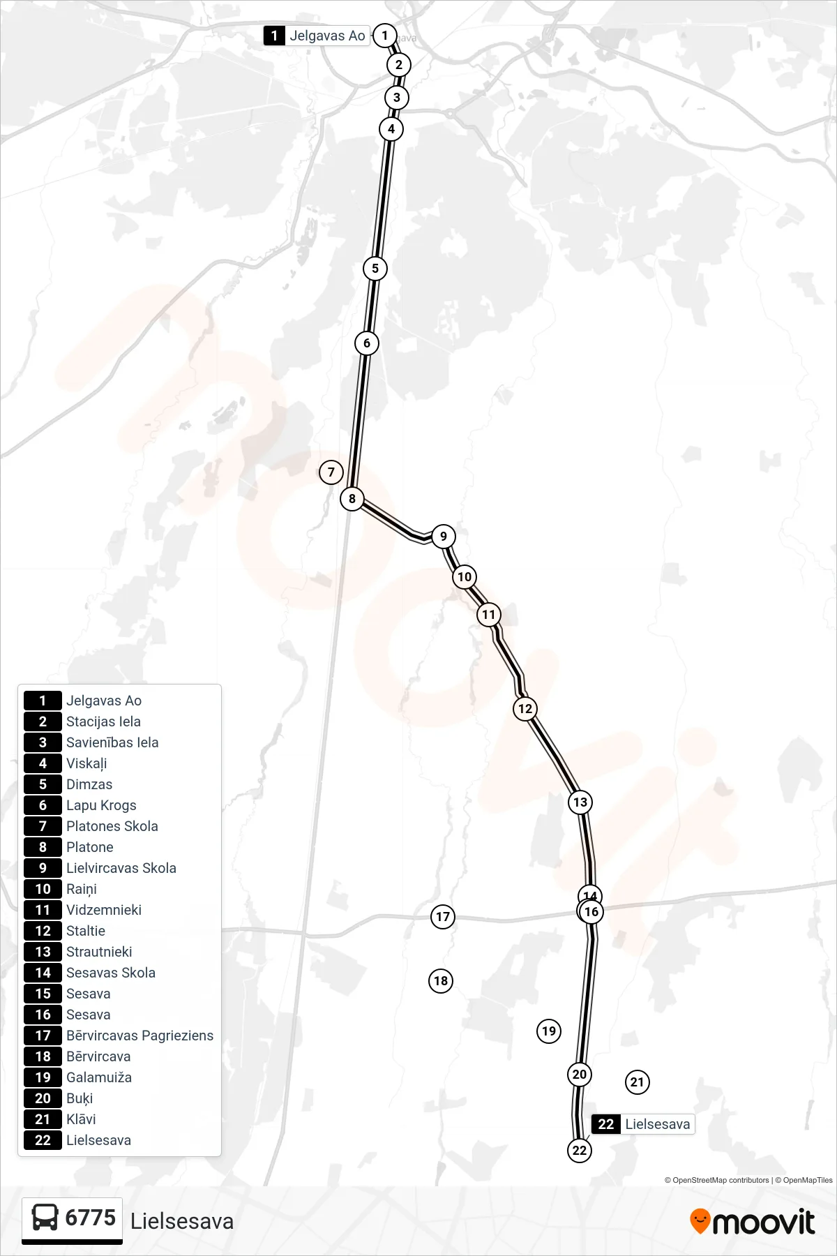 6775 bus Line (Lielsesava) route and stops on a map