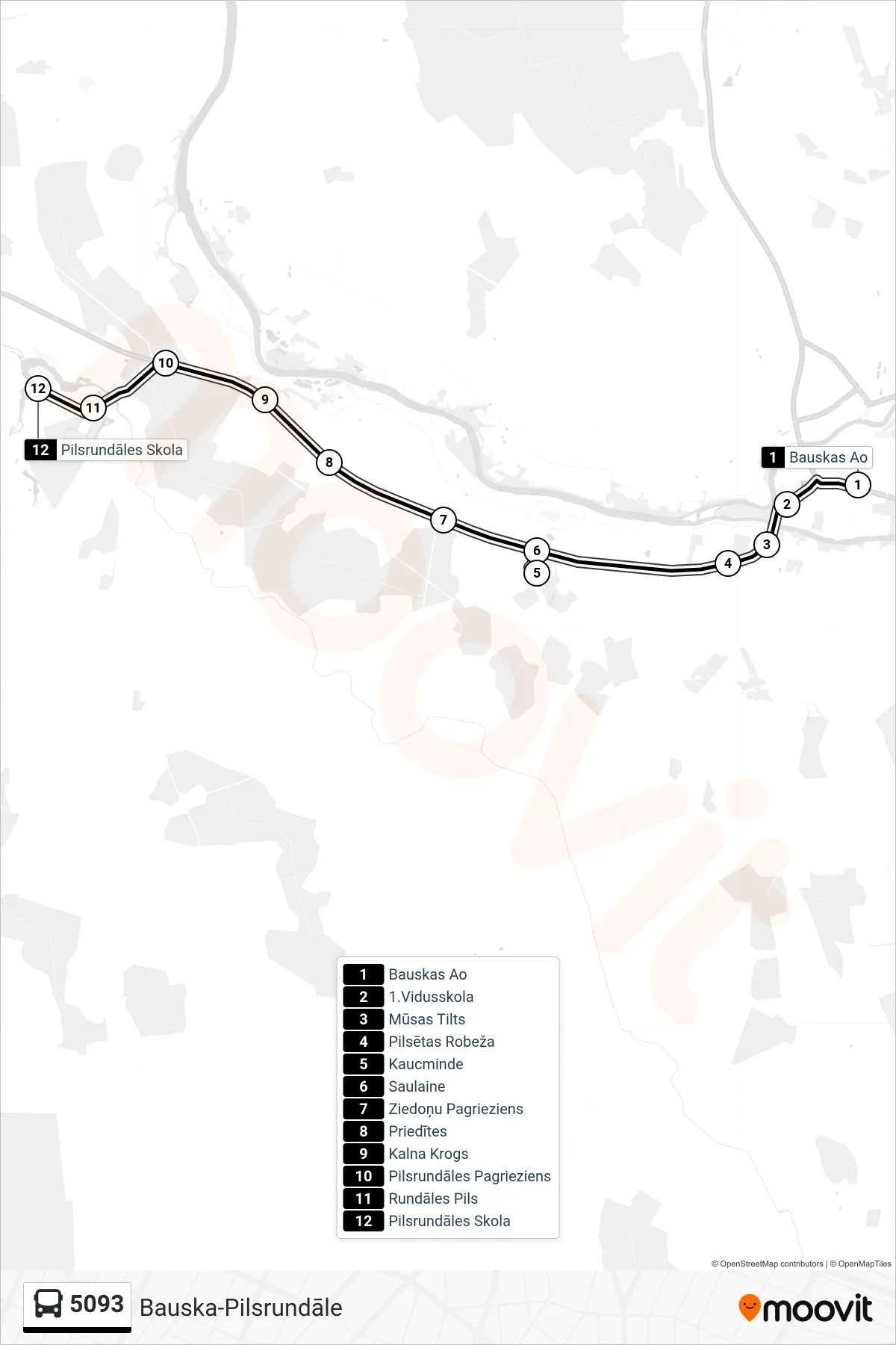 5093 bus Line (Pilsrundāles Skola) route and stops on a map