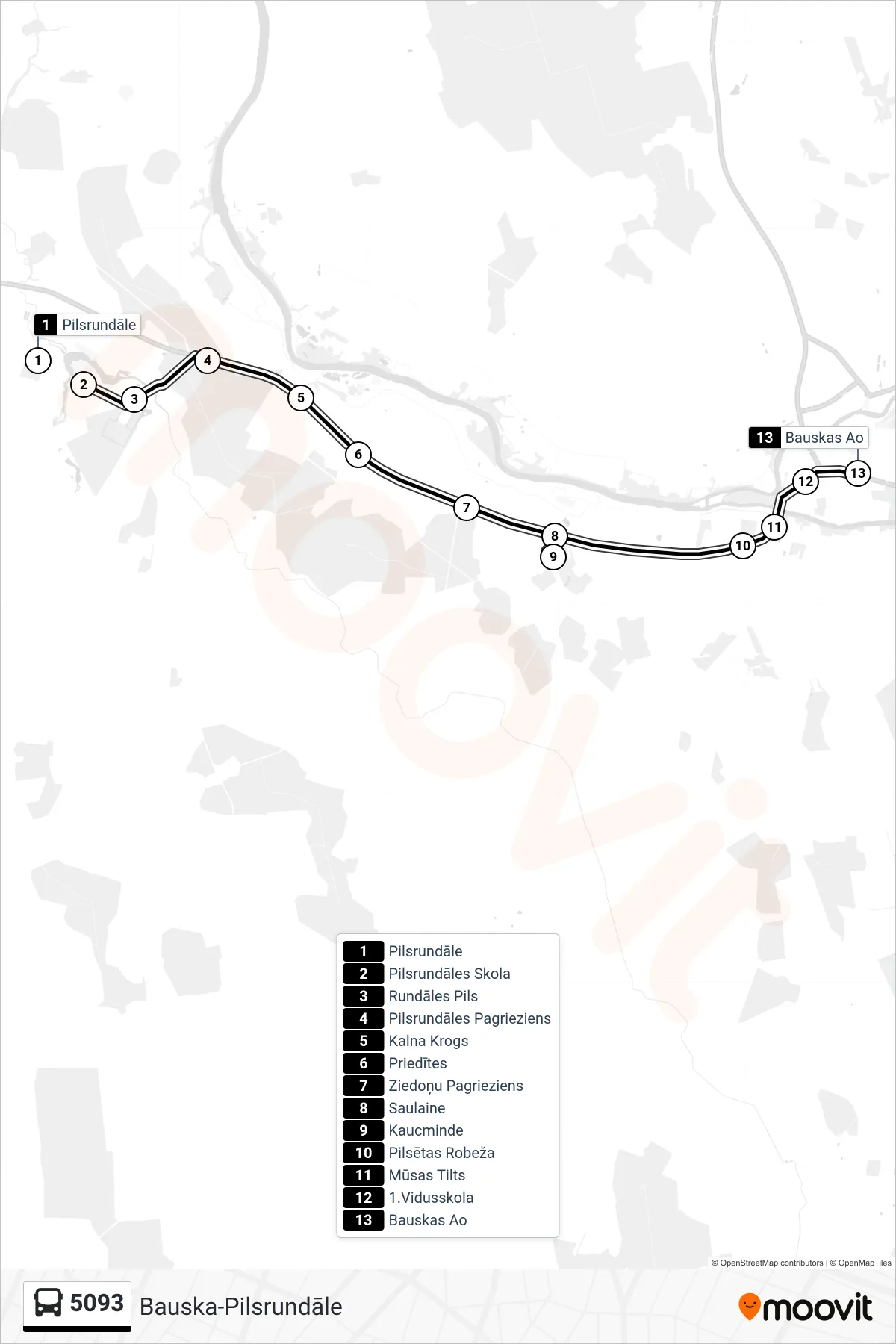 5093 bus Line (Bauskas Ao) route and stops on a map