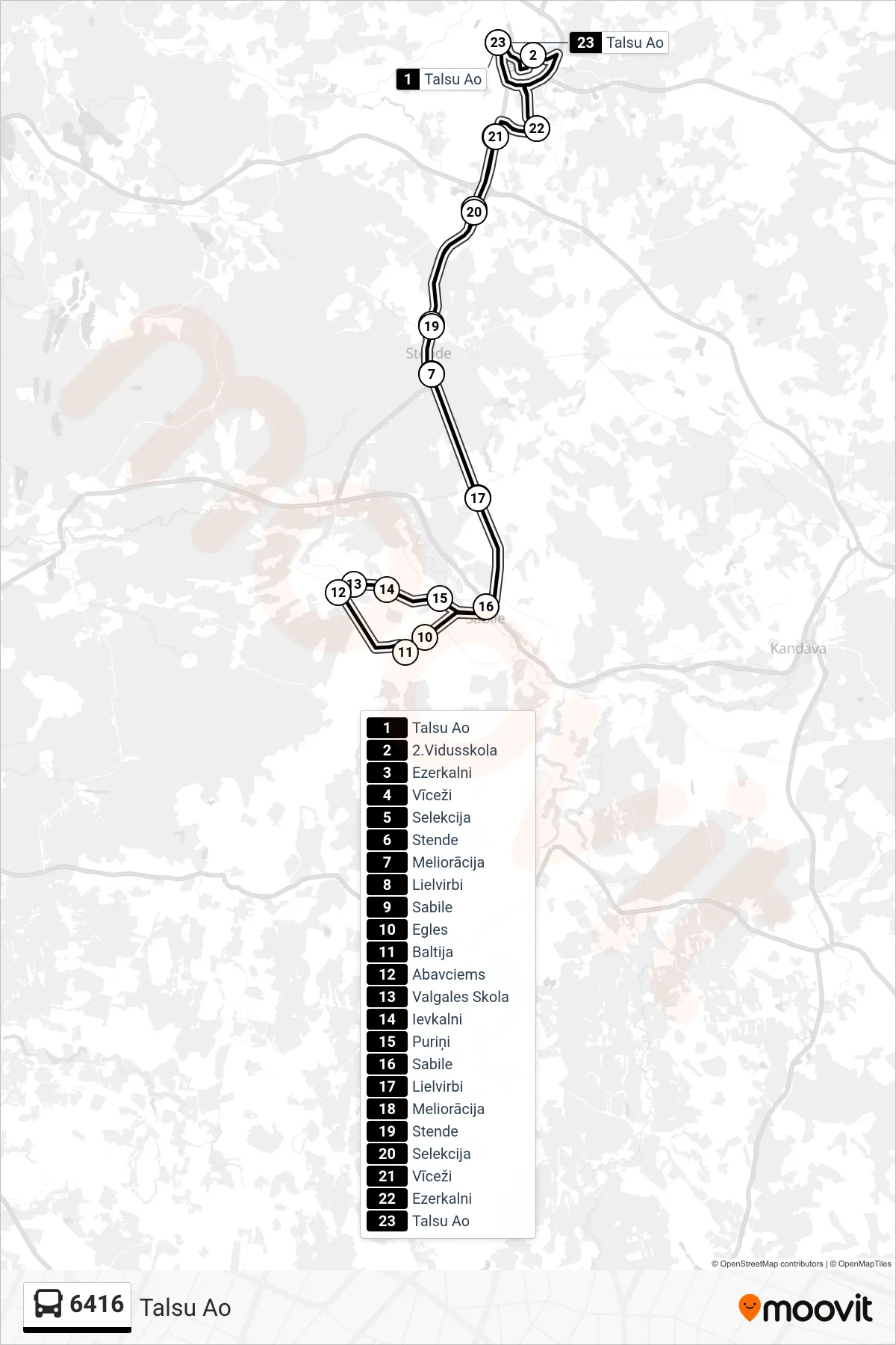 6416 bus Line (Talsu Ao) route and stops on a map