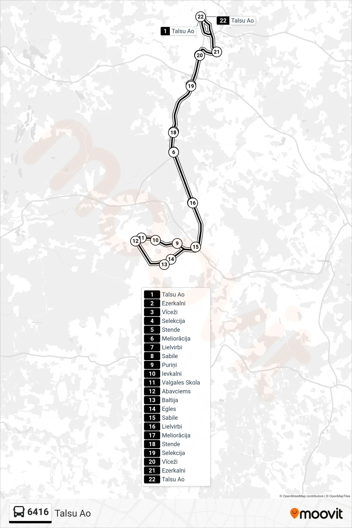 6416 bus Line (Talsu Ao) route and stops on a map