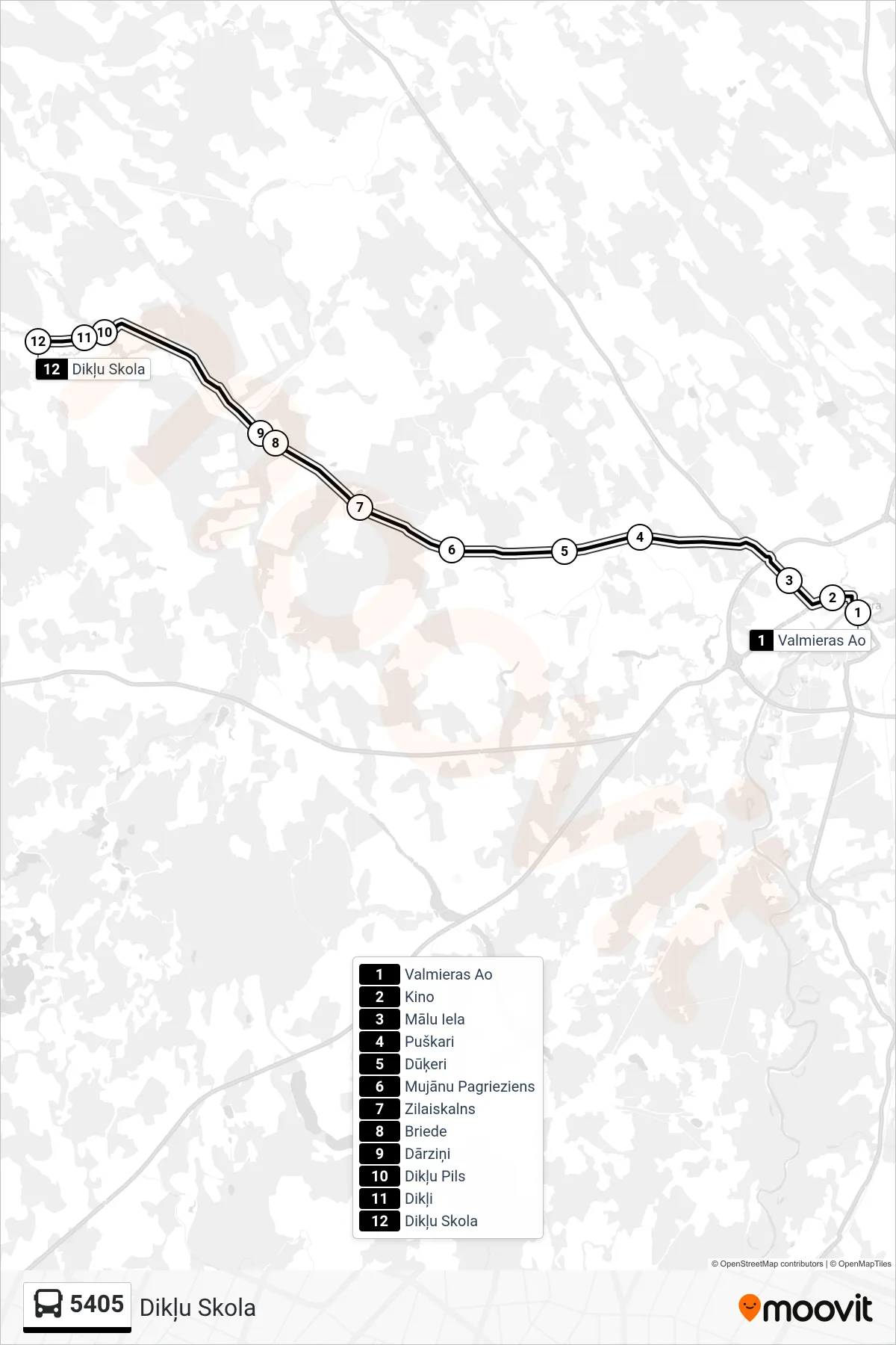 5405 bus Line (Dikļu Skola) route and stops on a map