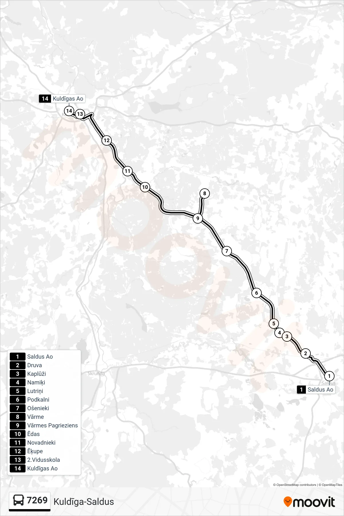 7269 bus Line (Kuldīgas Ao) route and stops on a map