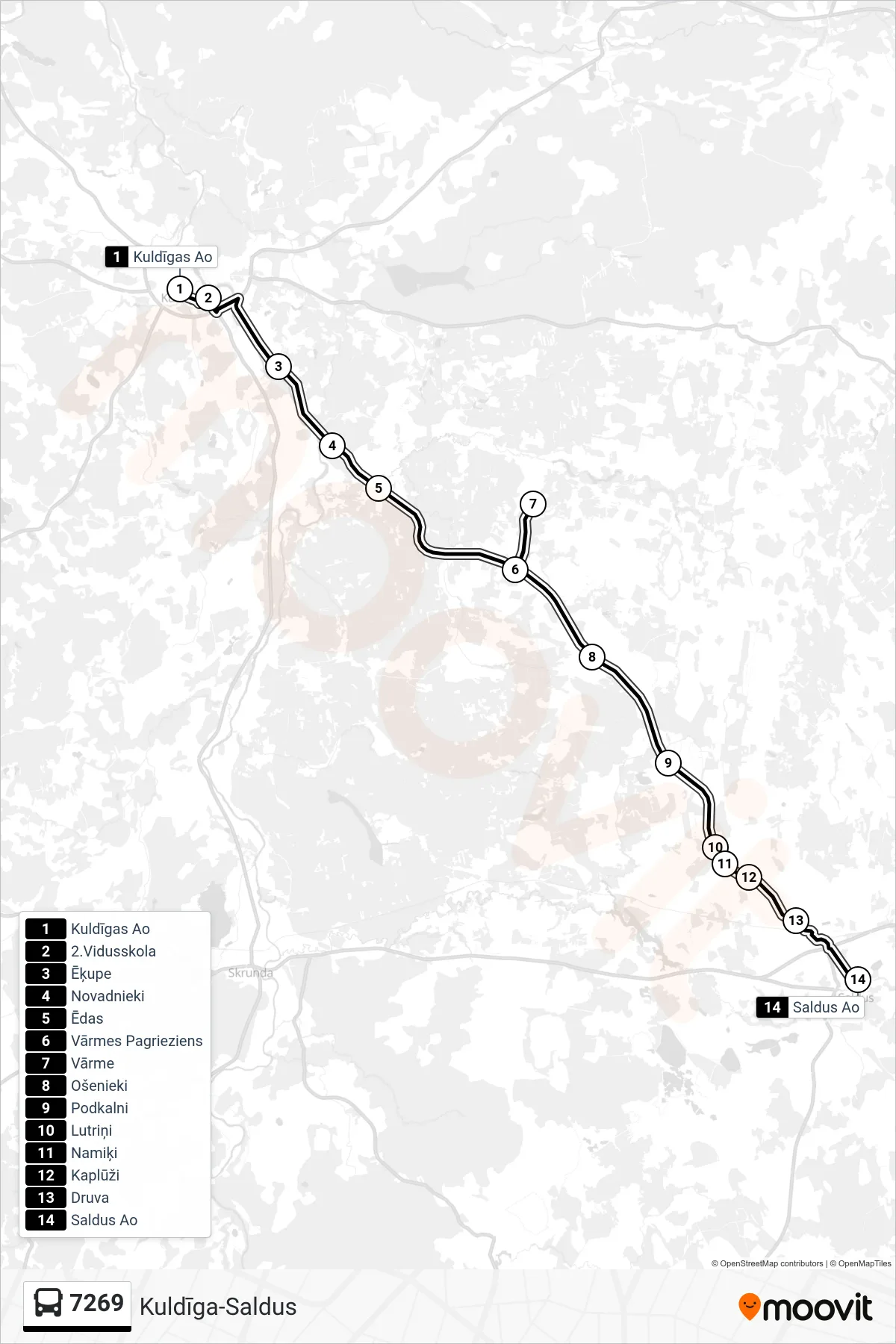 7269 bus Line (Saldus Ao) route and stops on a map