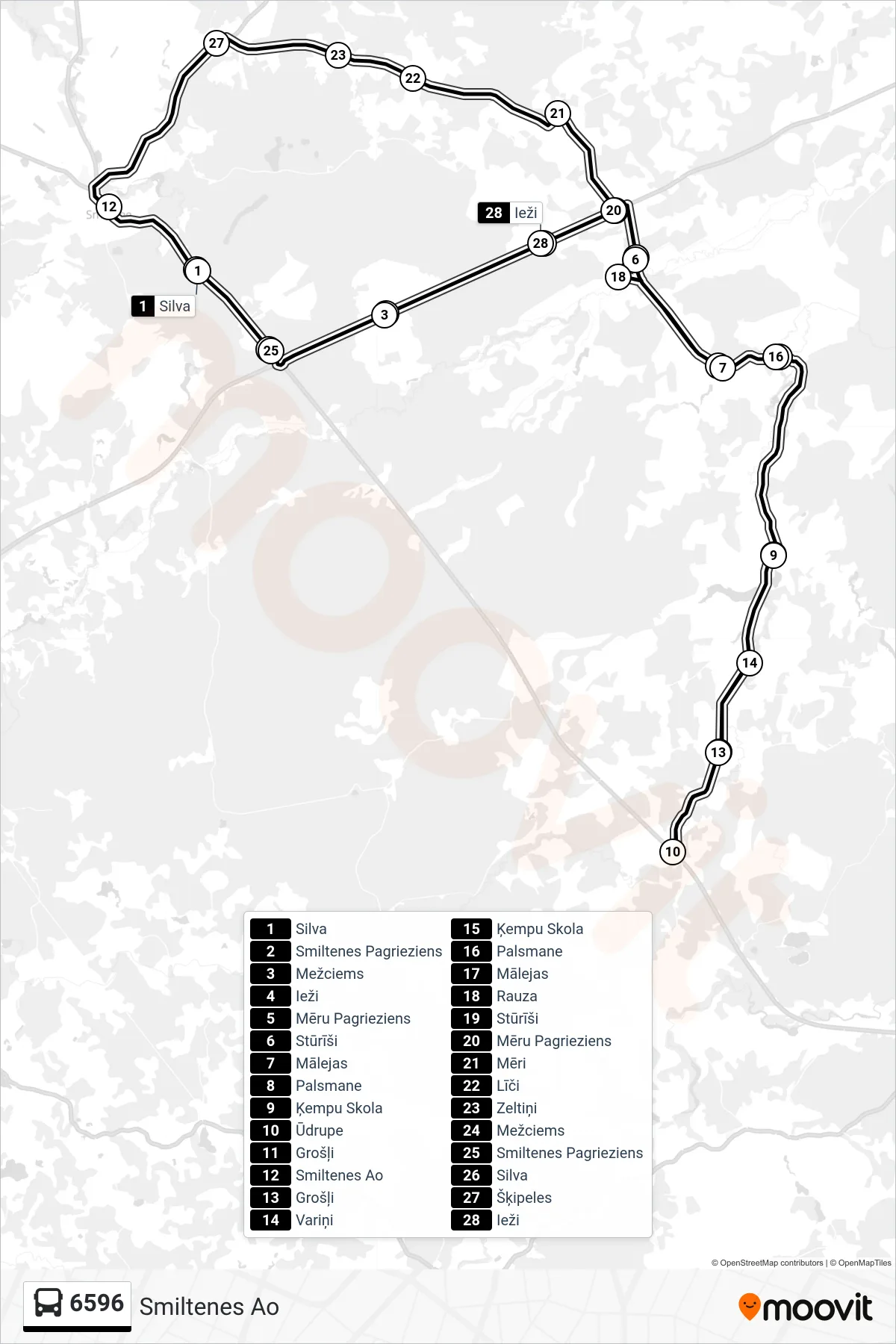 6596 bus Line (Smiltenes Ao) route and stops on a map