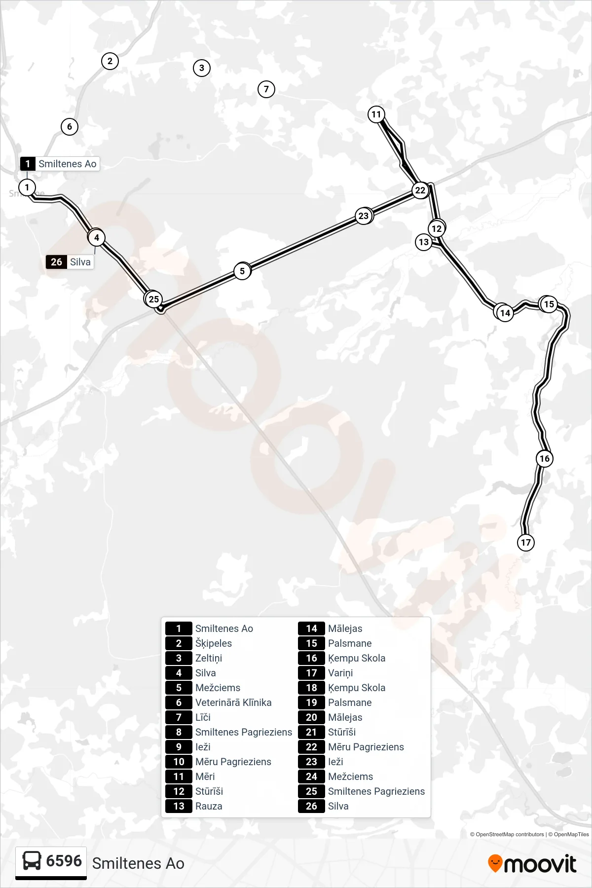 6596 bus Line (Smiltenes Ao) route and stops on a map