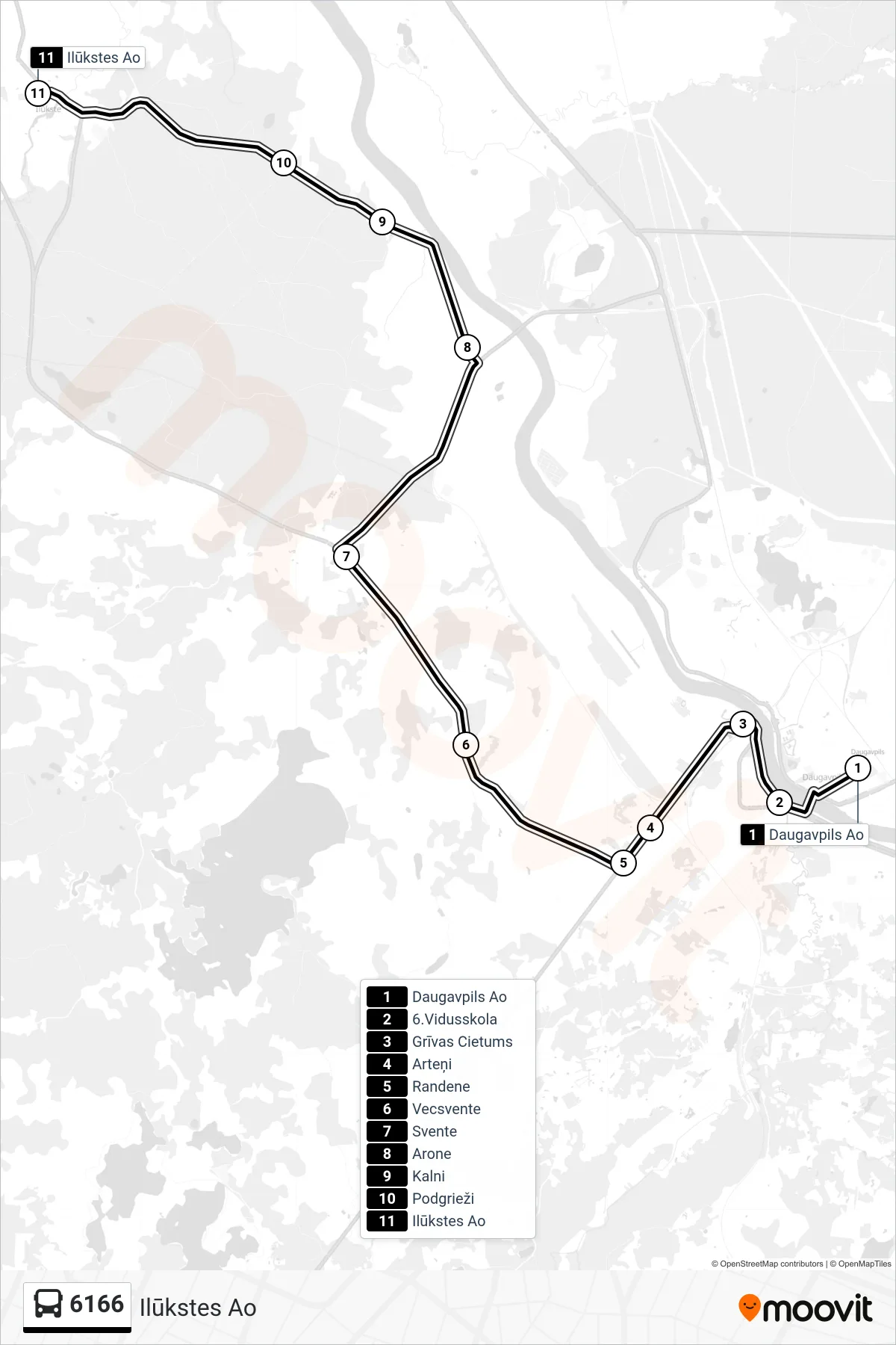 6166 bus Line (Ilūkstes Ao) route and stops on a map