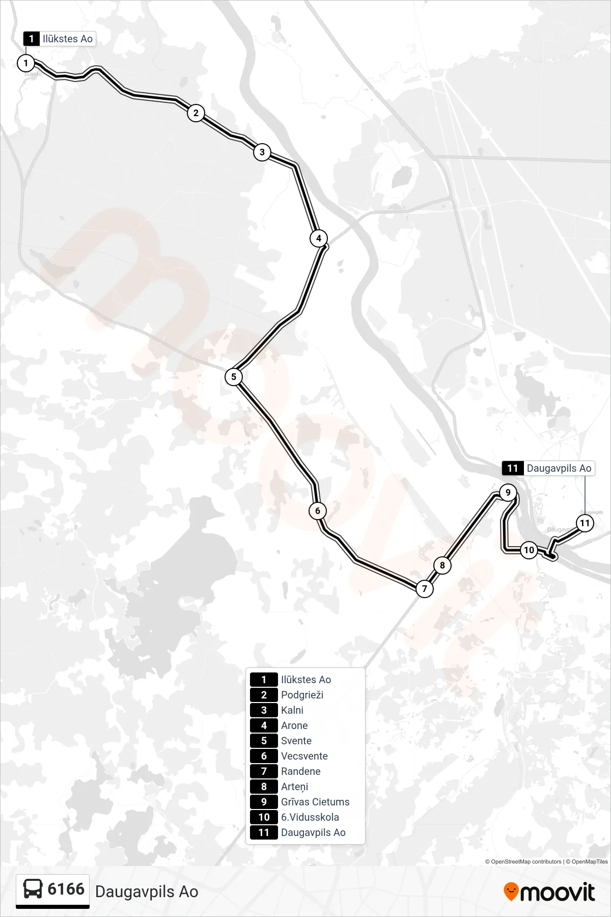 6166 bus Line (Daugavpils Ao) route and stops on a map