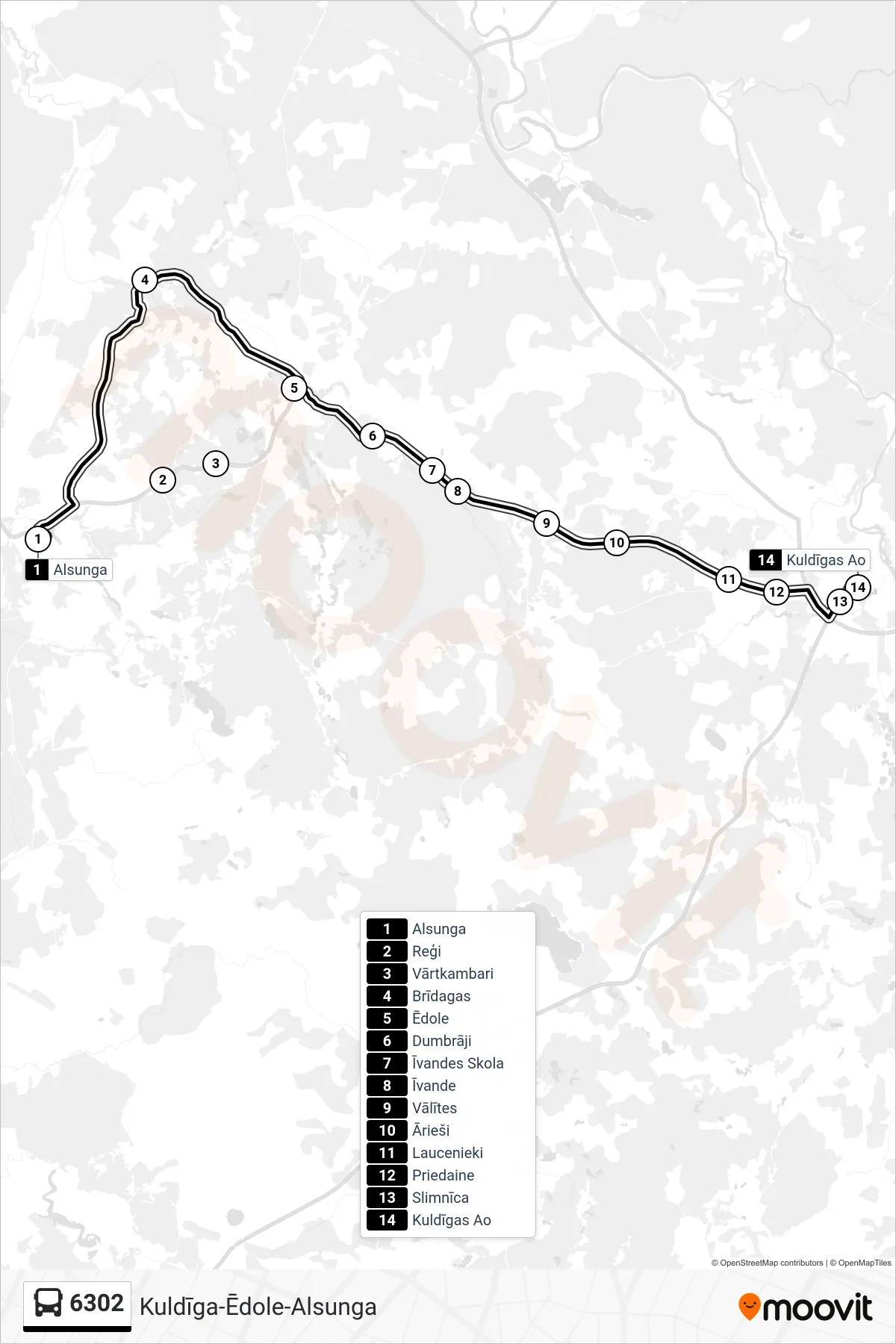 6302 bus Line (Kuldīgas Ao) route and stops on a map