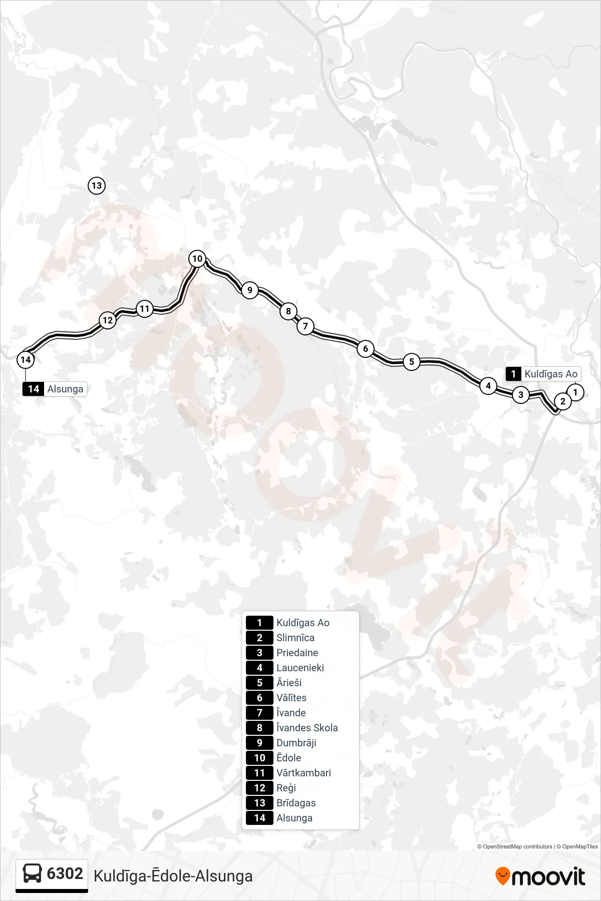 6302 bus Line (Alsunga) route and stops on a map