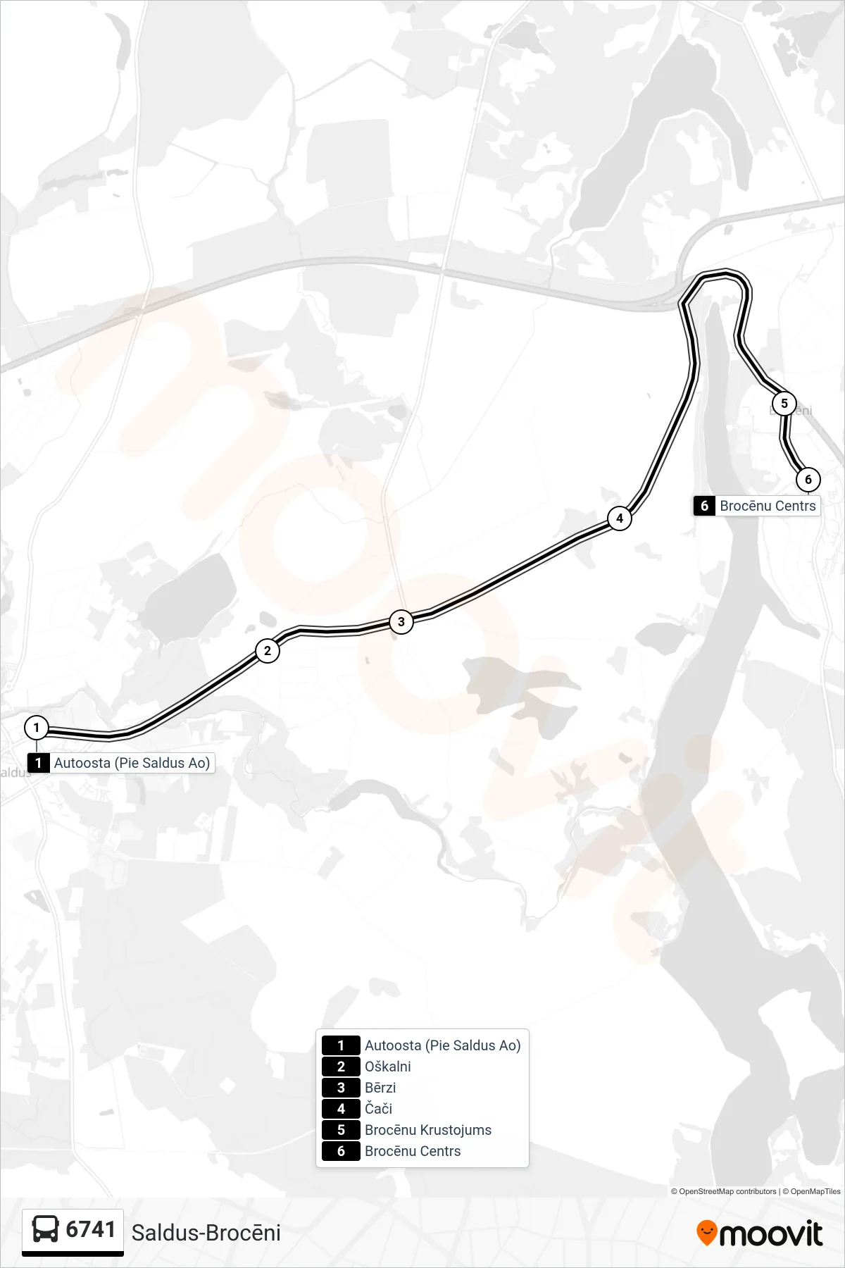 6741 bus Line (Brocēnu Centrs) route and stops on a map