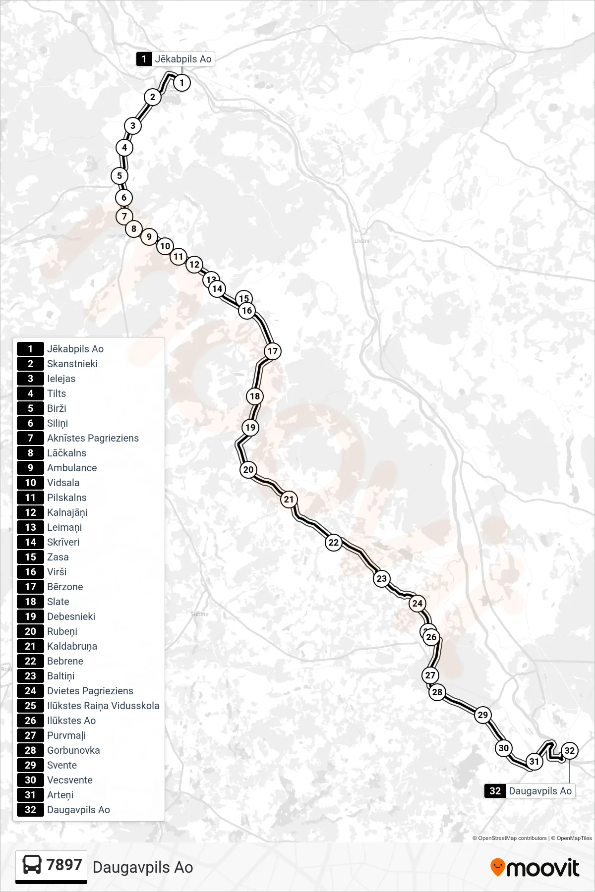 7897 bus Line (Daugavpils Ao) route and stops on a map