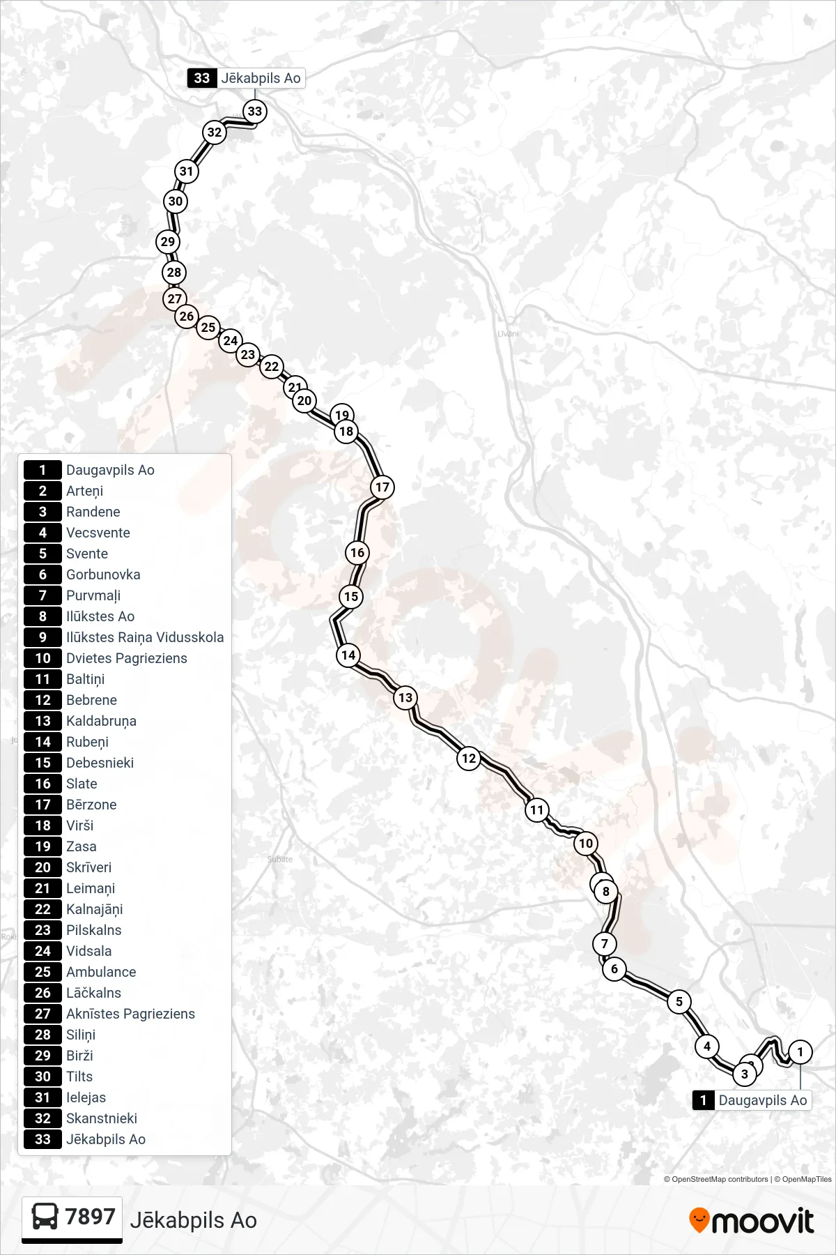 7897 bus Line (Jēkabpils Ao) route and stops on a map