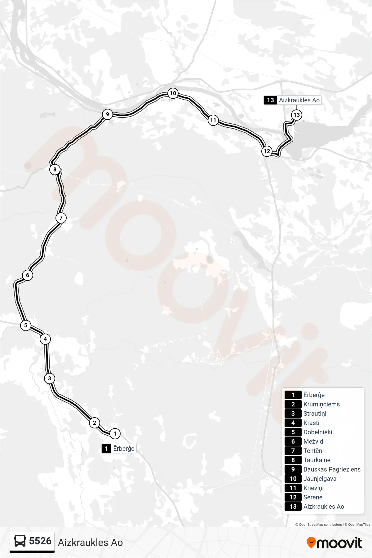 5526 bus Line (Aizkraukles Ao) route and stops on a map