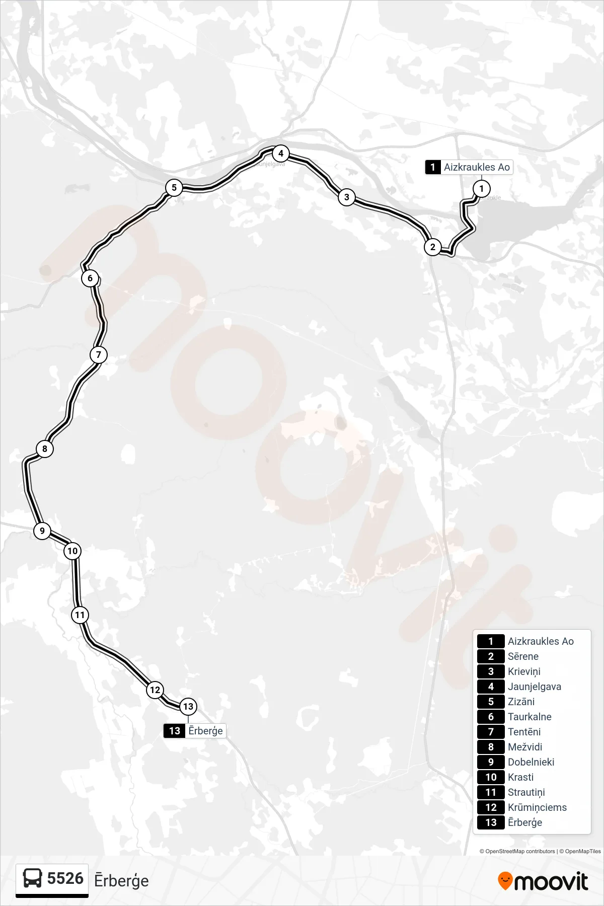 5526 bus Line (Ērberģe) route and stops on a map