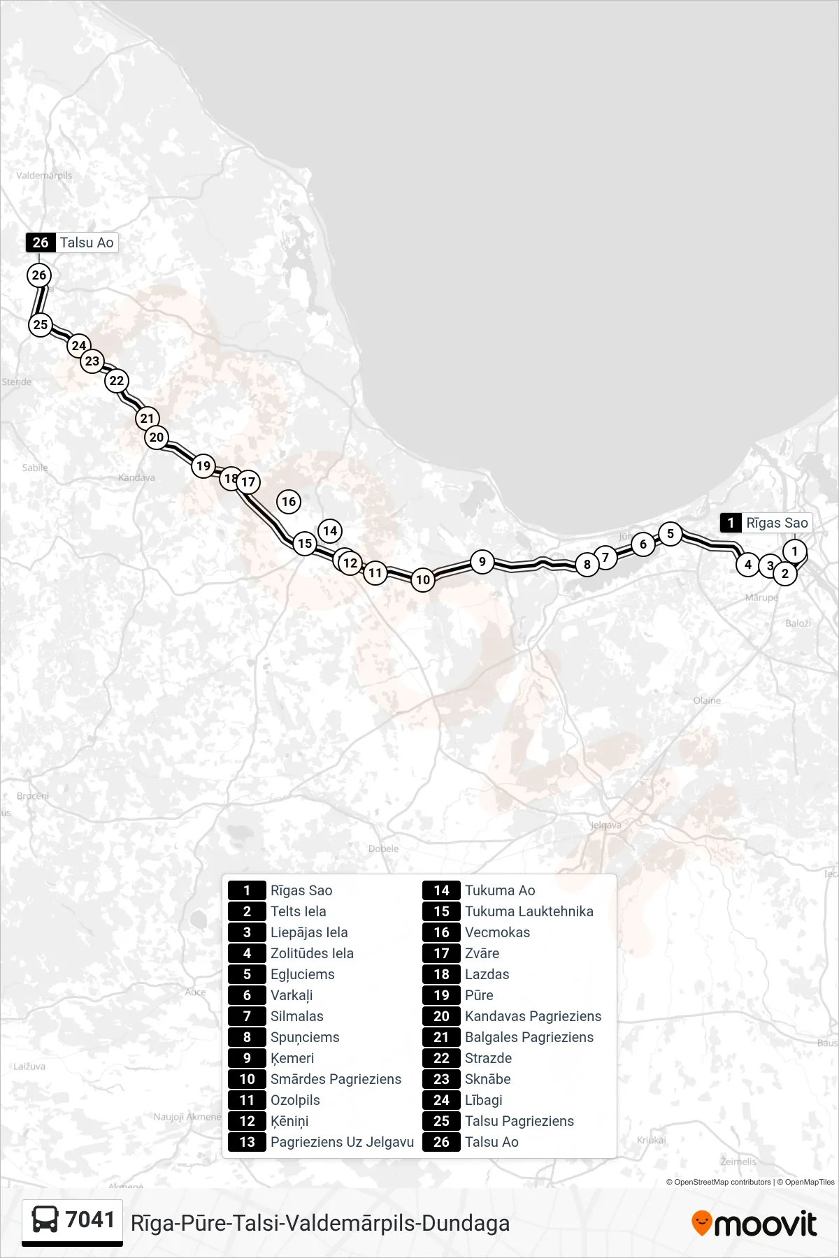 7041 bus Line (Talsu Ao) route and stops on a map