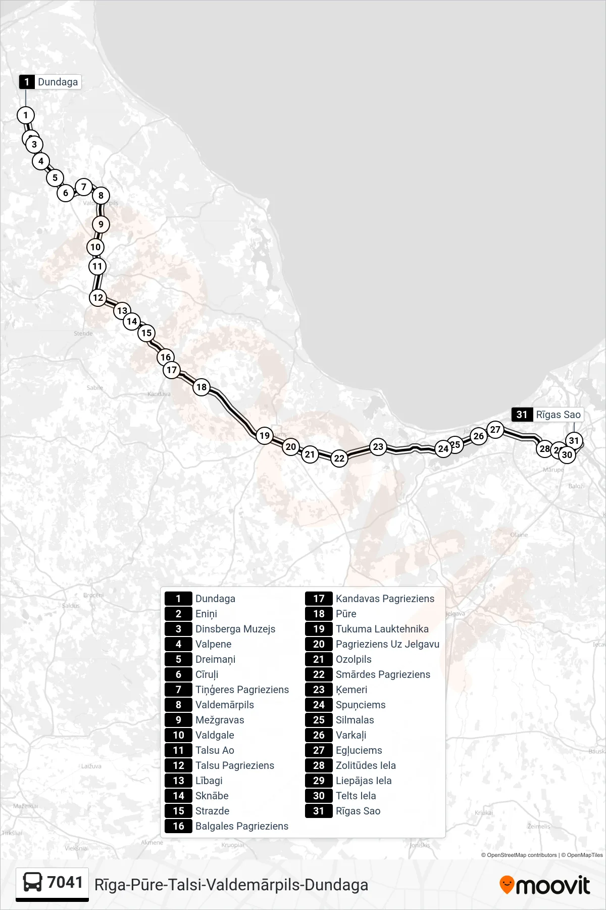 7041 bus Line (Rīgas Sao) route and stops on a map