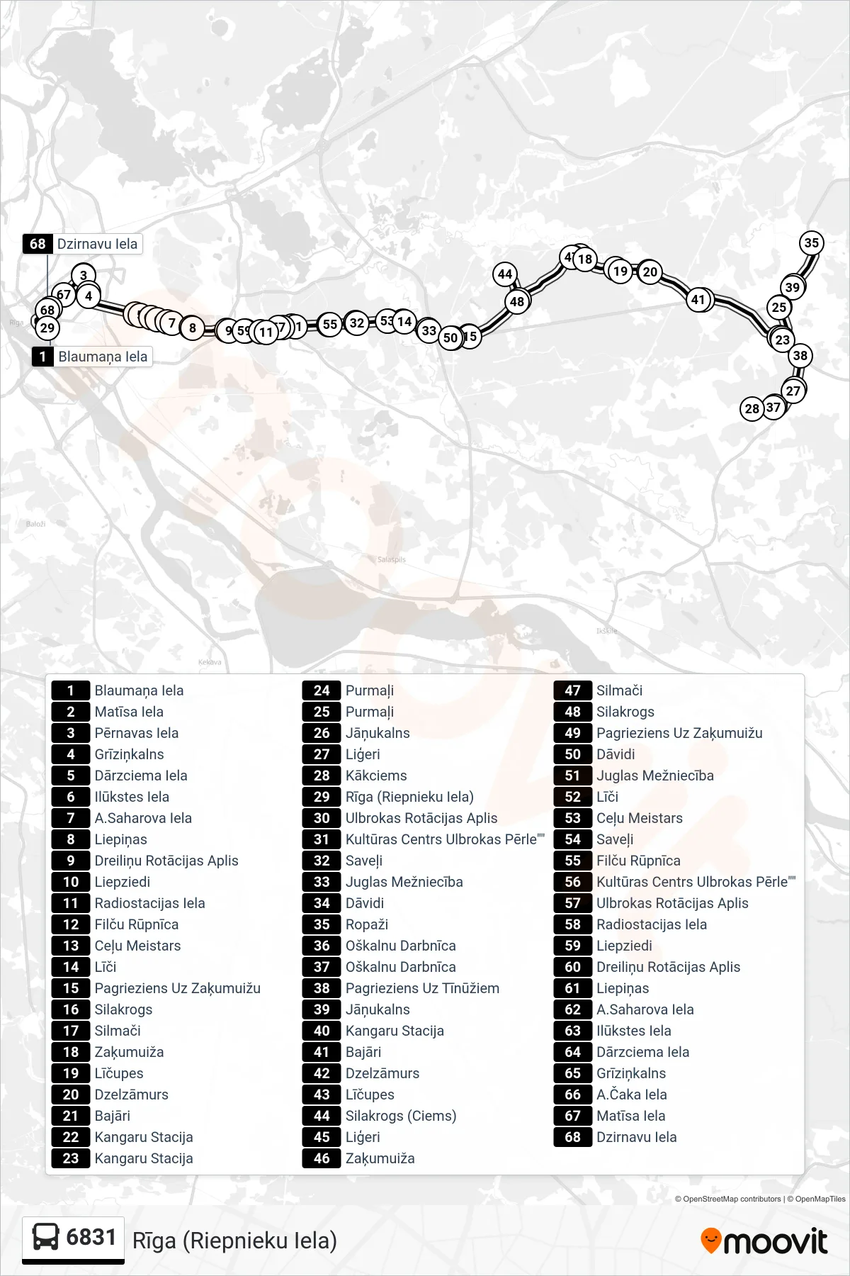 6831 bus Line (Rīga (Riepnieku Iela)) route and stops on a map
