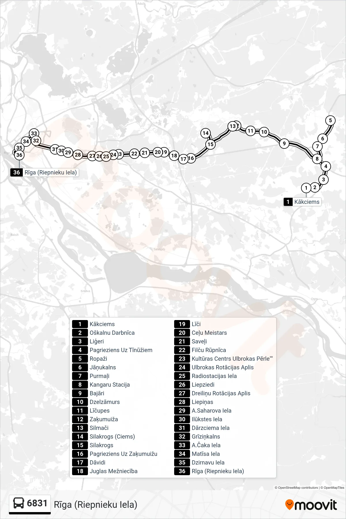6831 bus Line (Rīga (Riepnieku Iela)) route and stops on a map