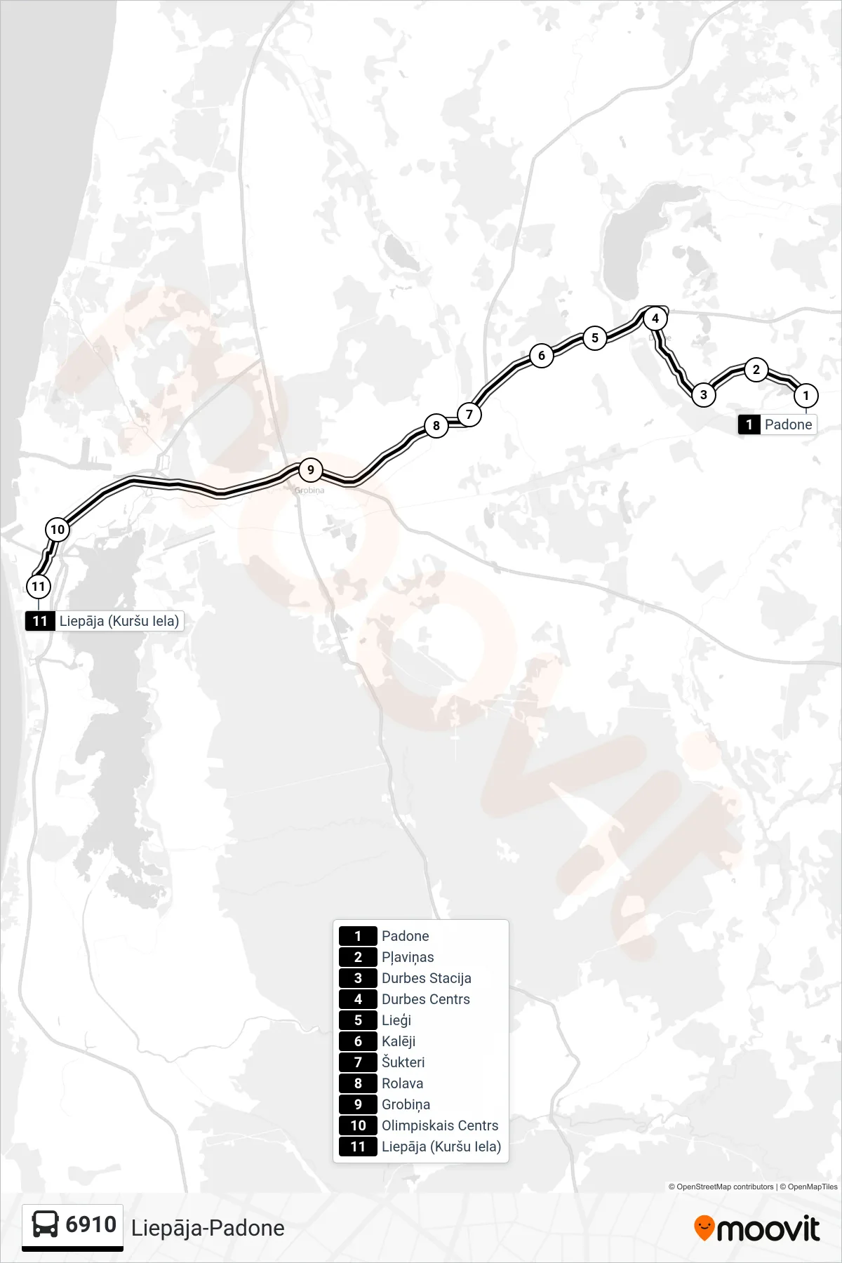 6910 bus Line (Liepāja (Kuršu Iela)) route and stops on a map