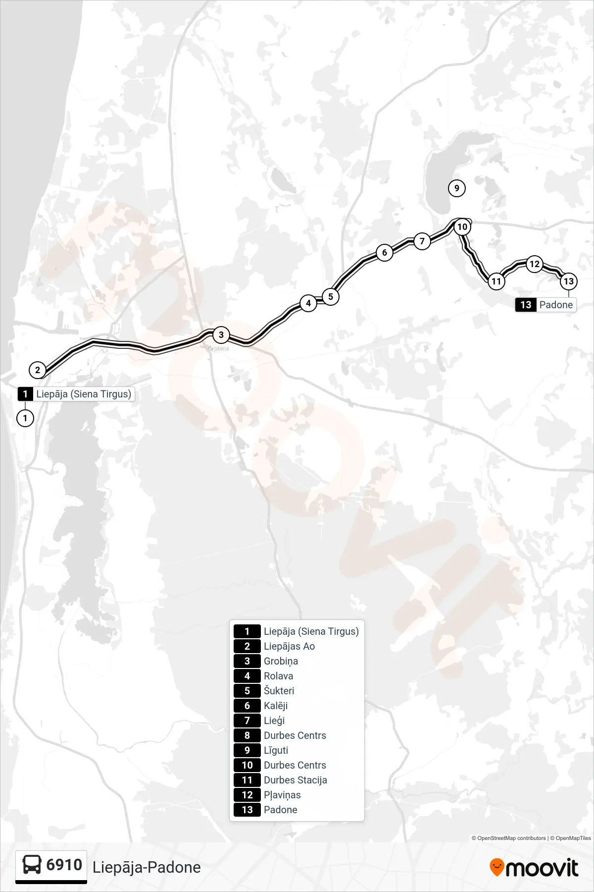 6910 bus Line (Padone) route and stops on a map