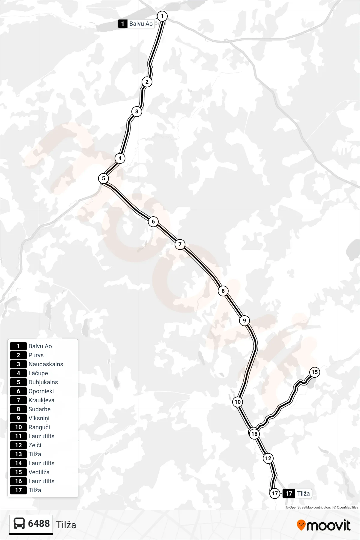 6488 bus Line (Tilža) route and stops on a map