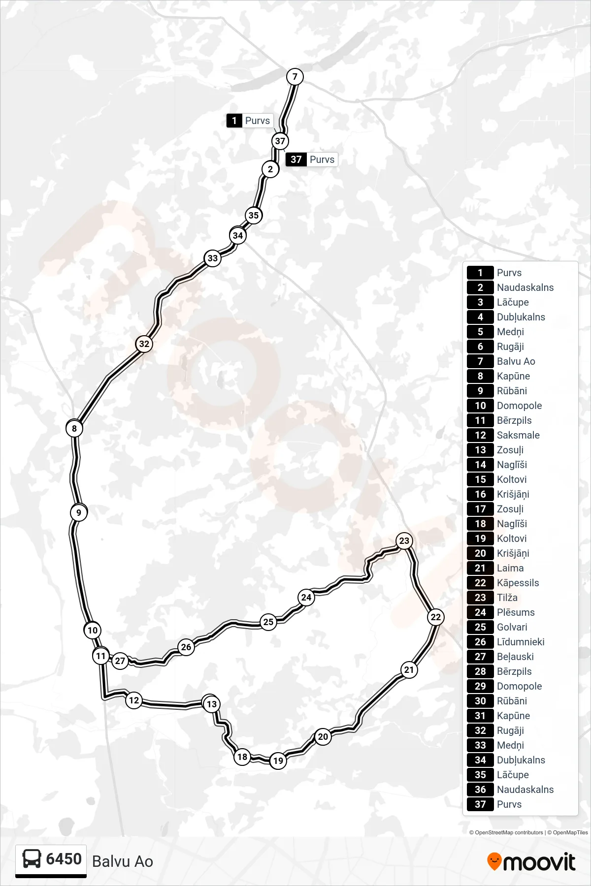 6450 bus Line (Balvu Ao) route and stops on a map