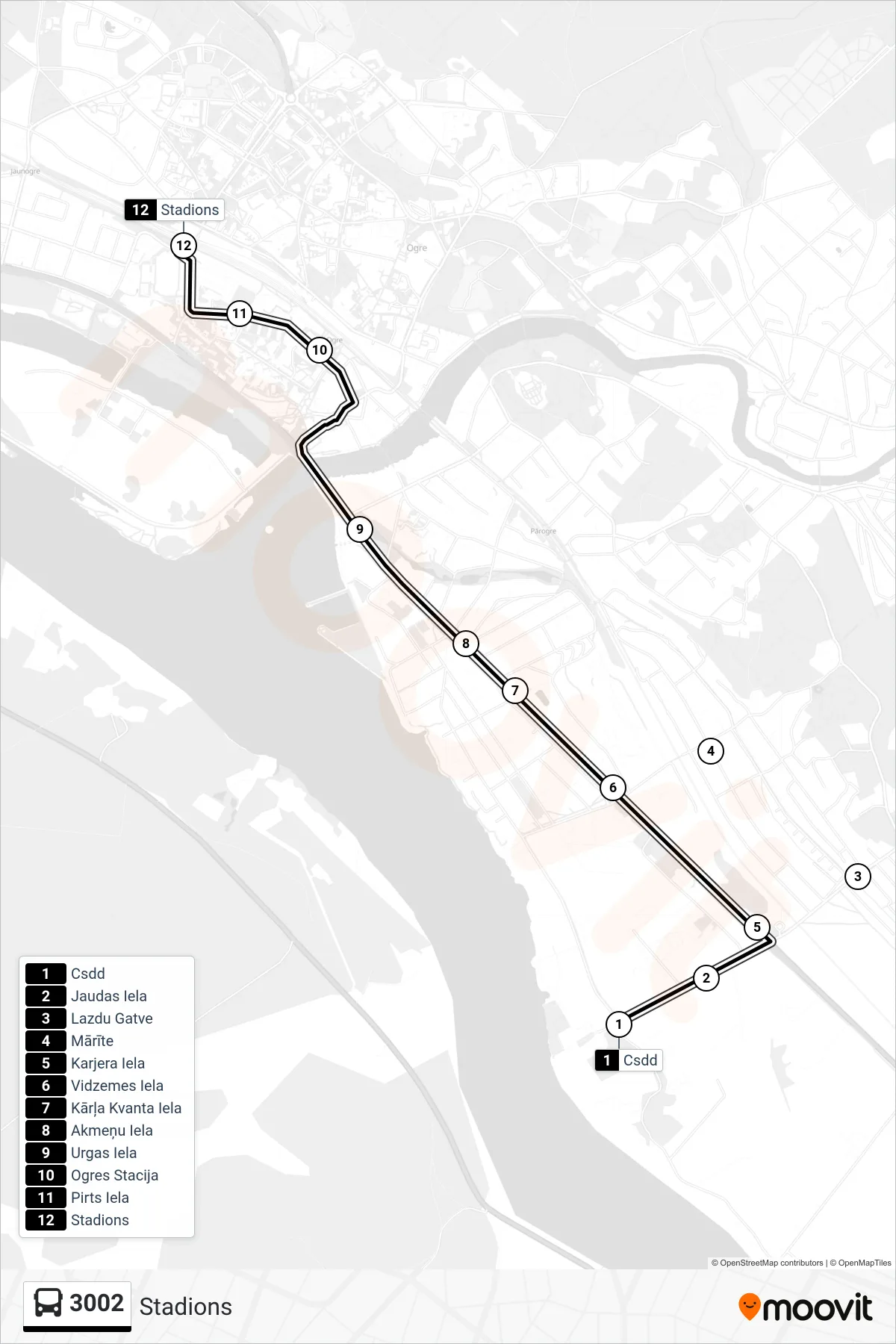 3002 bus Line (Stadions) route and stops on a map